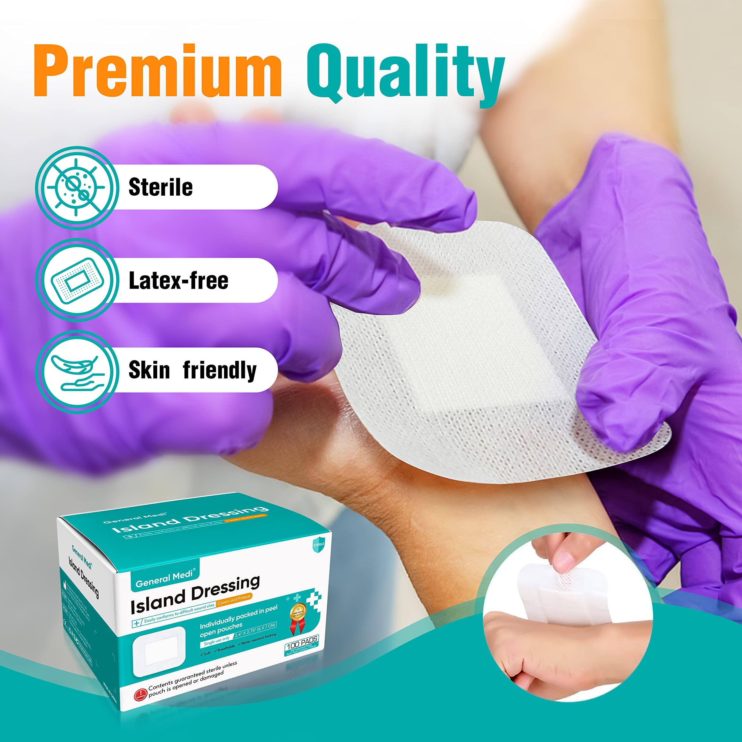General Medi General Medi Sterile Island Dressing Bordered Gauze 100 Count, 2.4" x 2.75" Gauze Pads, Wound Care Pad with Adhesive Border - Sterile, Soft & Highly Absorbent Medical Grade Dressing Pad
