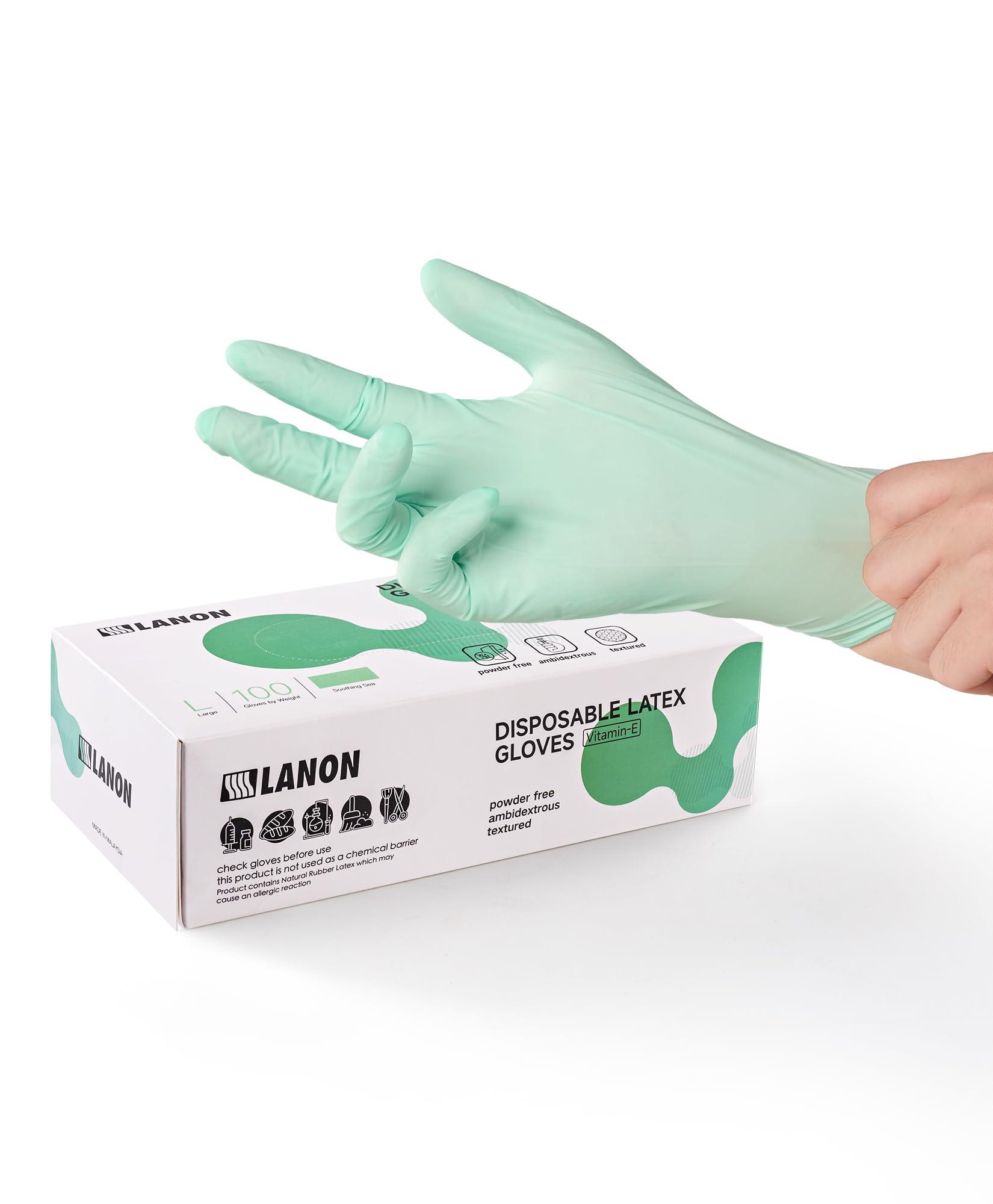 LANON Protection LANON 5 mil Vitamin-E Coated Latex Disposable Gloves, Food-Contact Grade, Fully Textured, Green, Large