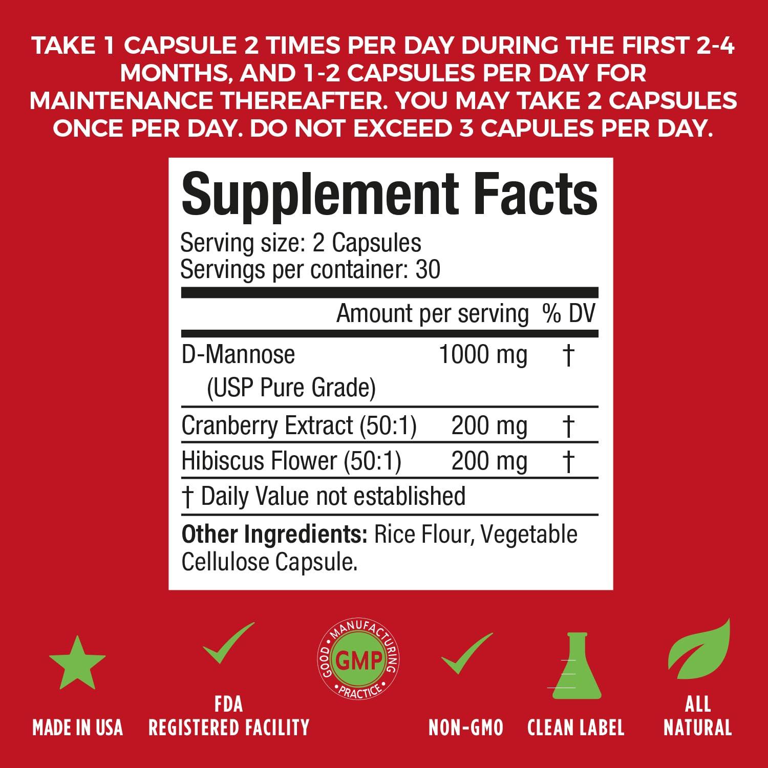 NewLife Naturals NewLife Naturals D-Mannose Capsules | w/Cranberry and Hibiscus Extracts | Natural Urinary Tract Health Supplement | 1400mg Pure Veggie Powder | 60 Veggie Capsules