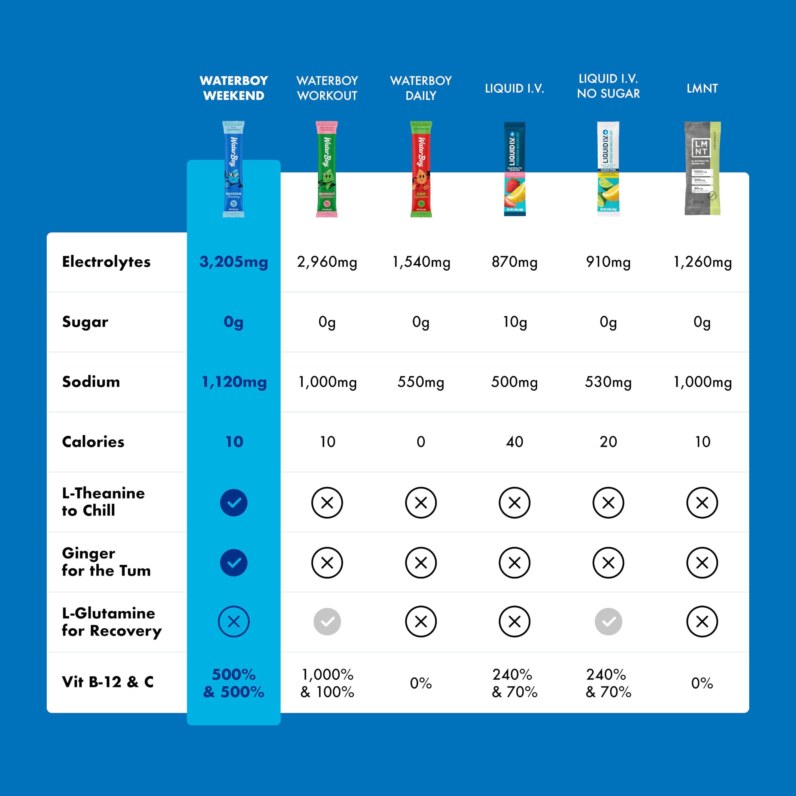 Waterboy Waterboy Weekend Recovery | 3,200mg Electrolyte Powder Packets | Ginger + L-Theanine + Vitamins | No Sugar, All Natural, Gluten Free | 24 Drink Stick Mixes (Fruit Punch)