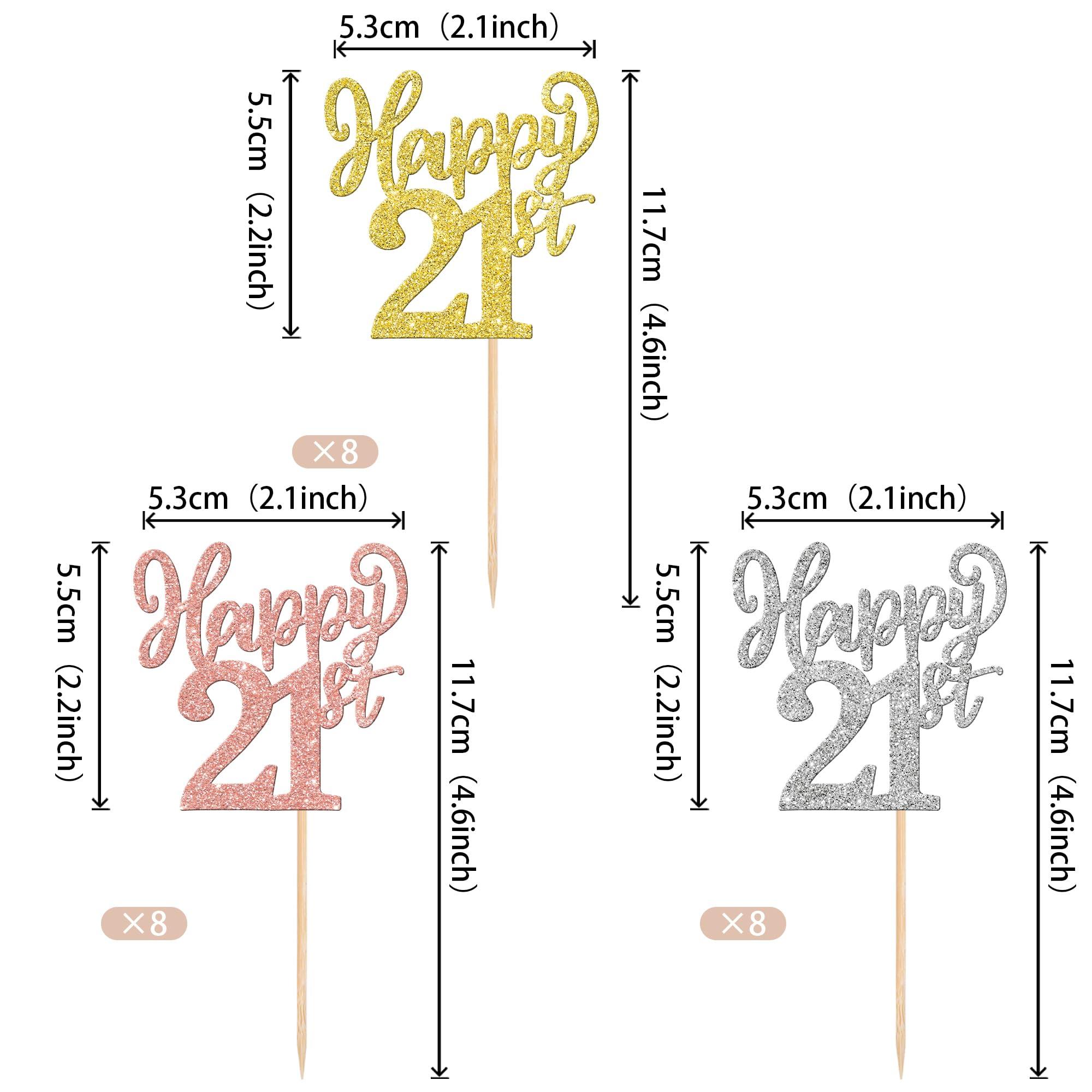 ZHUOWEISM 24PCS Happy 21st Cupcake Toppers Gold Rose Gold Silver Glitter Twenty One Cheers to 21 Years Number 21 Birthday Cupcake Picks for Happy 21st Birthday Wedding Anniversary Party Cake Decorations