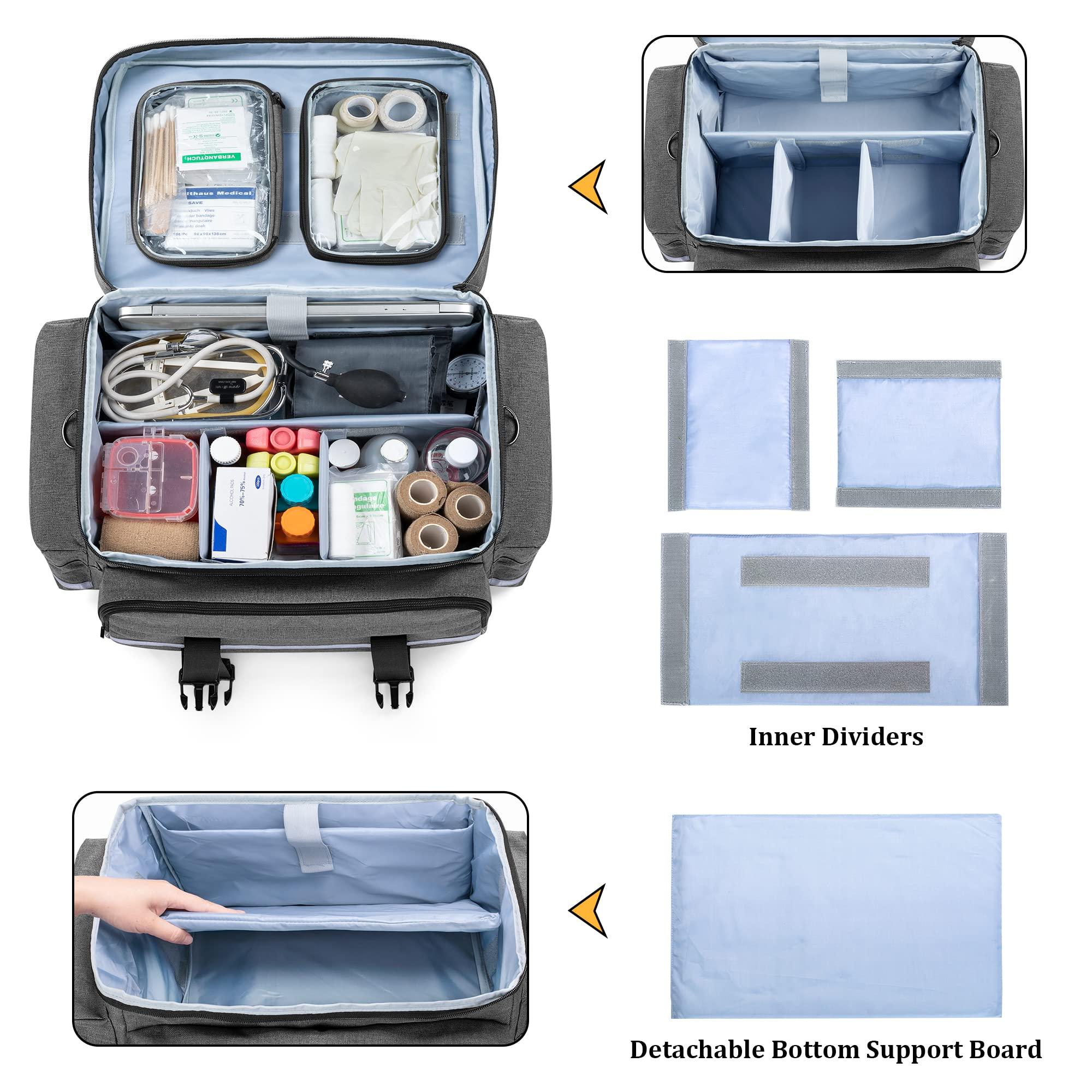 Damero Damero Rolling Medical Bag with Detachable Trolley, Medical Equipment Bag with Removable Pouches and Dividers, First Aid Responder Bag Empty for Home Health Nurses, Doctors, EMT, EMS, Gray