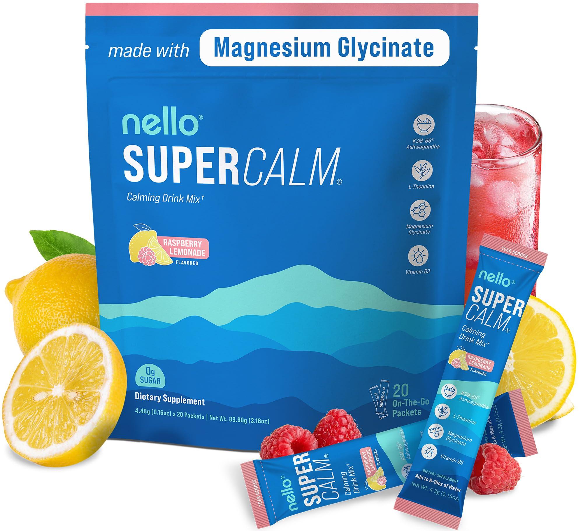 Nello Nello Supercalm Powdered Drink Mix, Raspberry Lemonade, L Theanine, Ksm-66 Ashwagandha, Magnesium Glycinate, Vitamin D 3, Supplements for Relaxation & Focus, No Sugar, Non GMO, Vegan, On The Go, 20 Ct