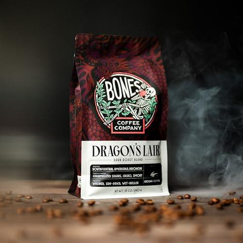 Bones Coffee Company Bones Coffee Company Dragon\'s Lair Flavored Coffee Beans, Whole Bean Coffee Dark Roast Low Acid (12 oz)