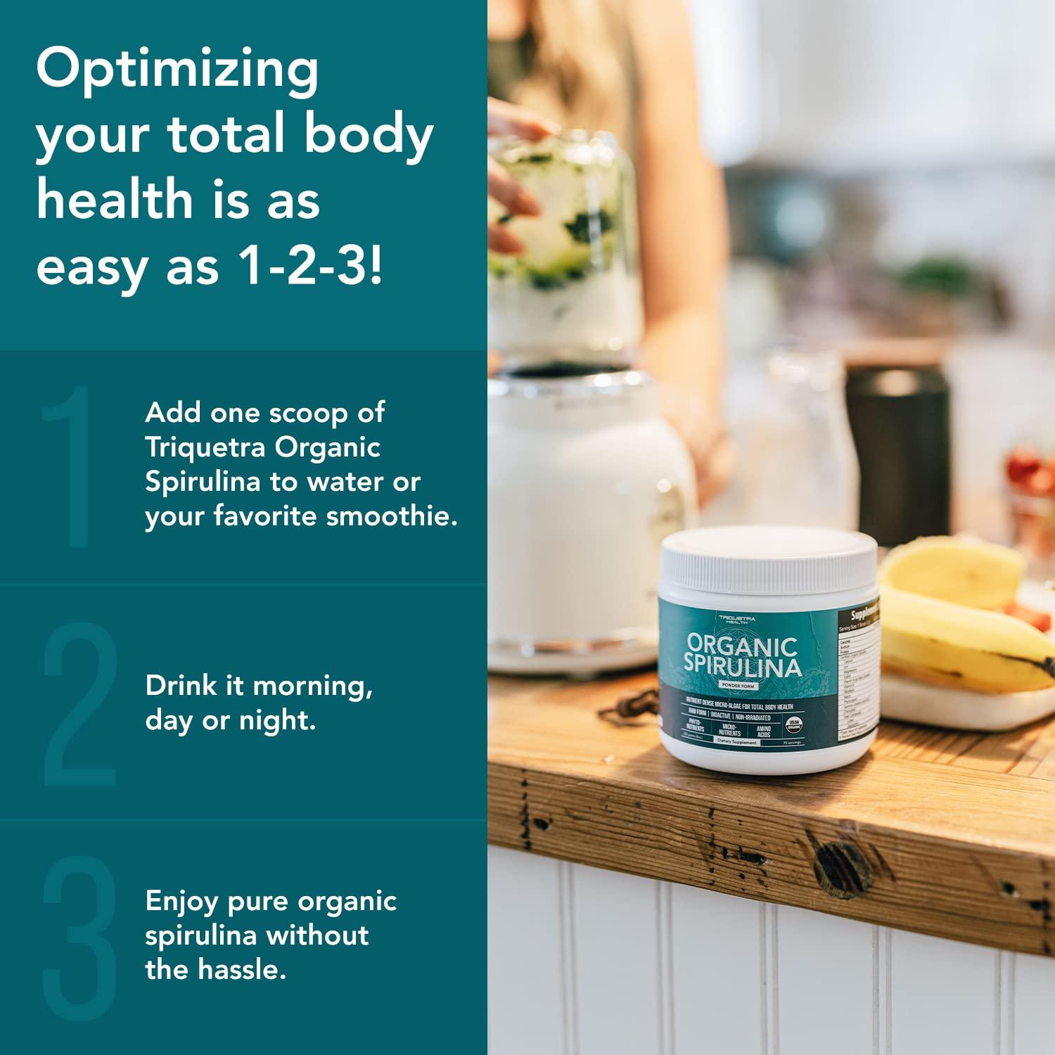 Triquetra Health Organic Spirulina Powder - Made with Parry Spirulina. The Best Spirulina in The World, Highest Nutrient Density - Non-Irradiated, 4 Organic Certifications, Vegan Farming Process (75 Servings - 8 oz.)