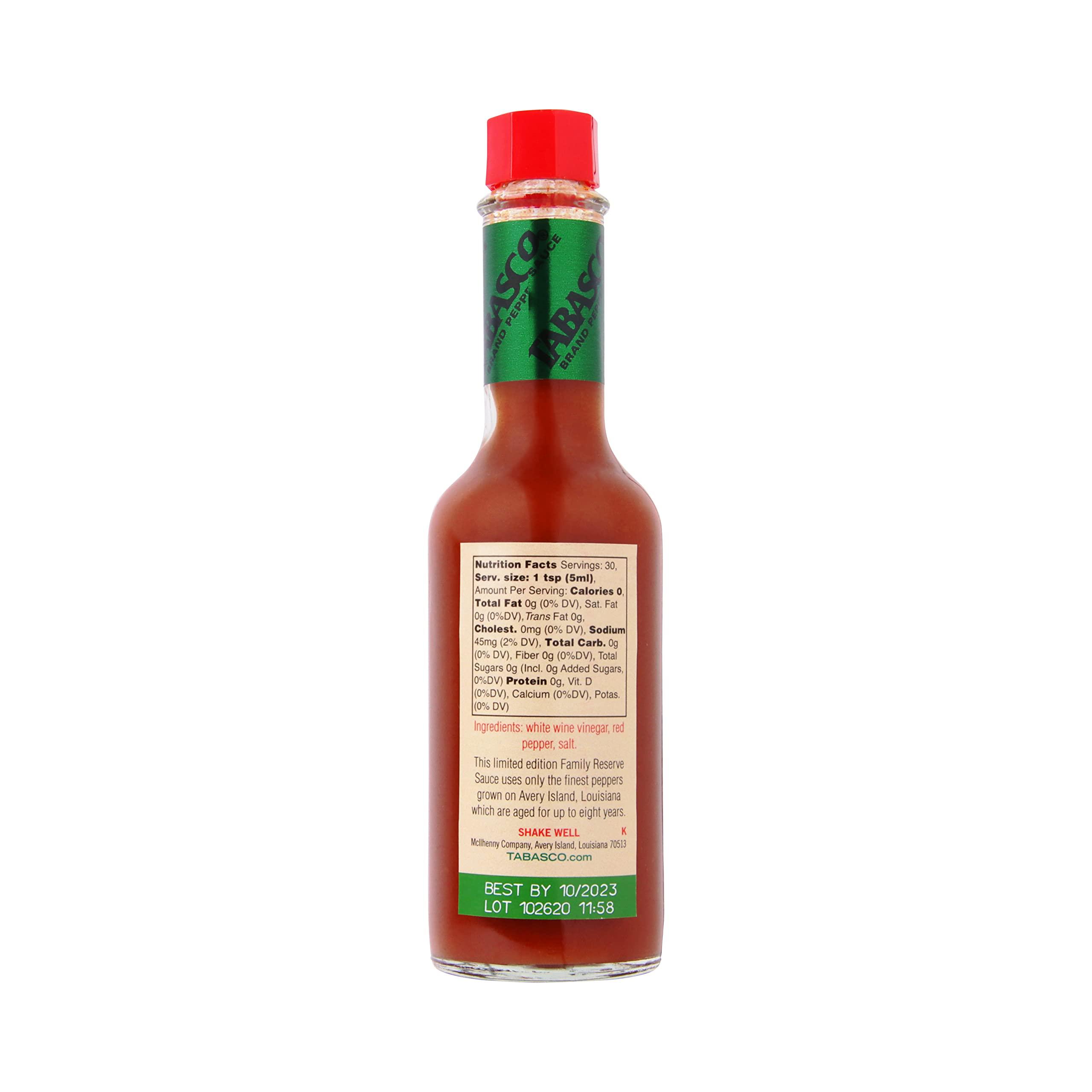 TABASCO TABASCO Brand Family Reserve Pepper Sauce, Mild Hot Sauce, Glass Bottle, Exclusive Familial Taste, Hand Selected Pepper Blend & White Wine Vinegar, Great on Chicken Dishes & More, 5 Fl Oz (Pack of 1)