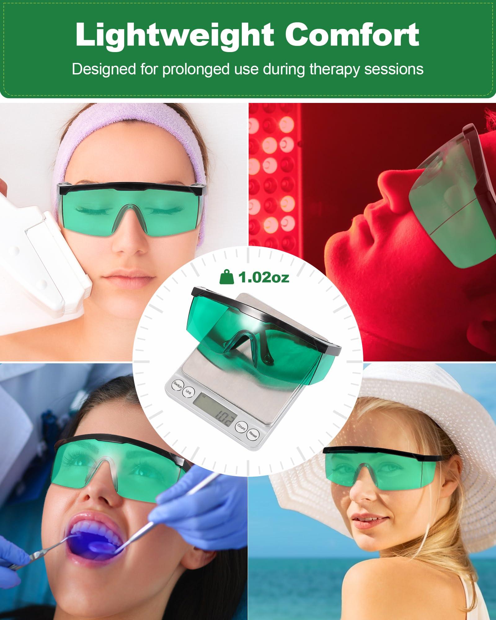 LIGHTMEUP Red Light Therapy Glasses, See-Through Eye Protection for Red Infrared 200-2000nm Full-Coverage Design Adjustable Fit Transparent Green Lenses for Phone & TV Use During Therapy Sessions Pack of 2