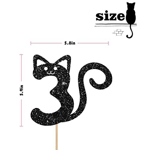 MINUET MINUTE Cat Three Cake Topper, Number 3 Cake Topper for Baby Girl, Kitty Happy 3rd Birthday Party Supplies, Pet Cat Three Year Old Party Decoration - Black Glitter