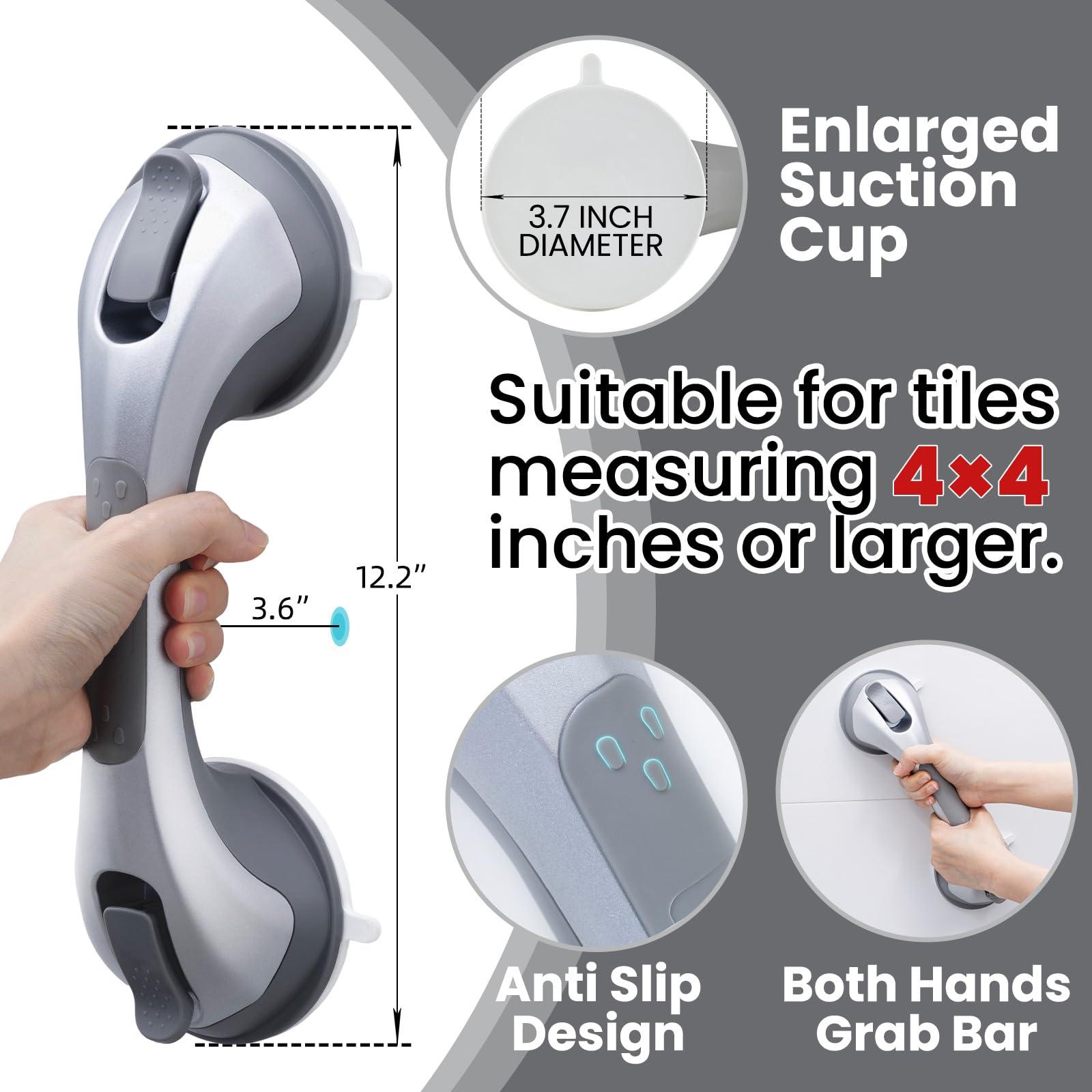 TAILI TAILI Shower Handles for Elderly Suction, 2 Pack 12 Inch Shower Grab Bar for Seniors, Grab Bars for Bathtubs, No Drilling Removable Safety Bath Grip, Silver