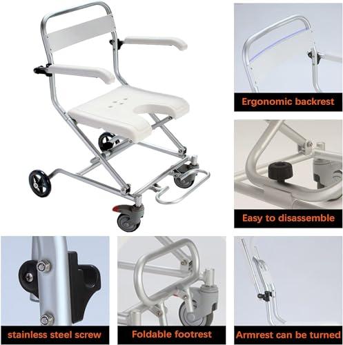 WETOBO Wheel Chair Shower Bath Stool Foldable with Wheels for Elderly and Disabled, Shower Stool with Flip-up Arms and Ergonomic Back - Wheelchair + Shower Chair Two in One