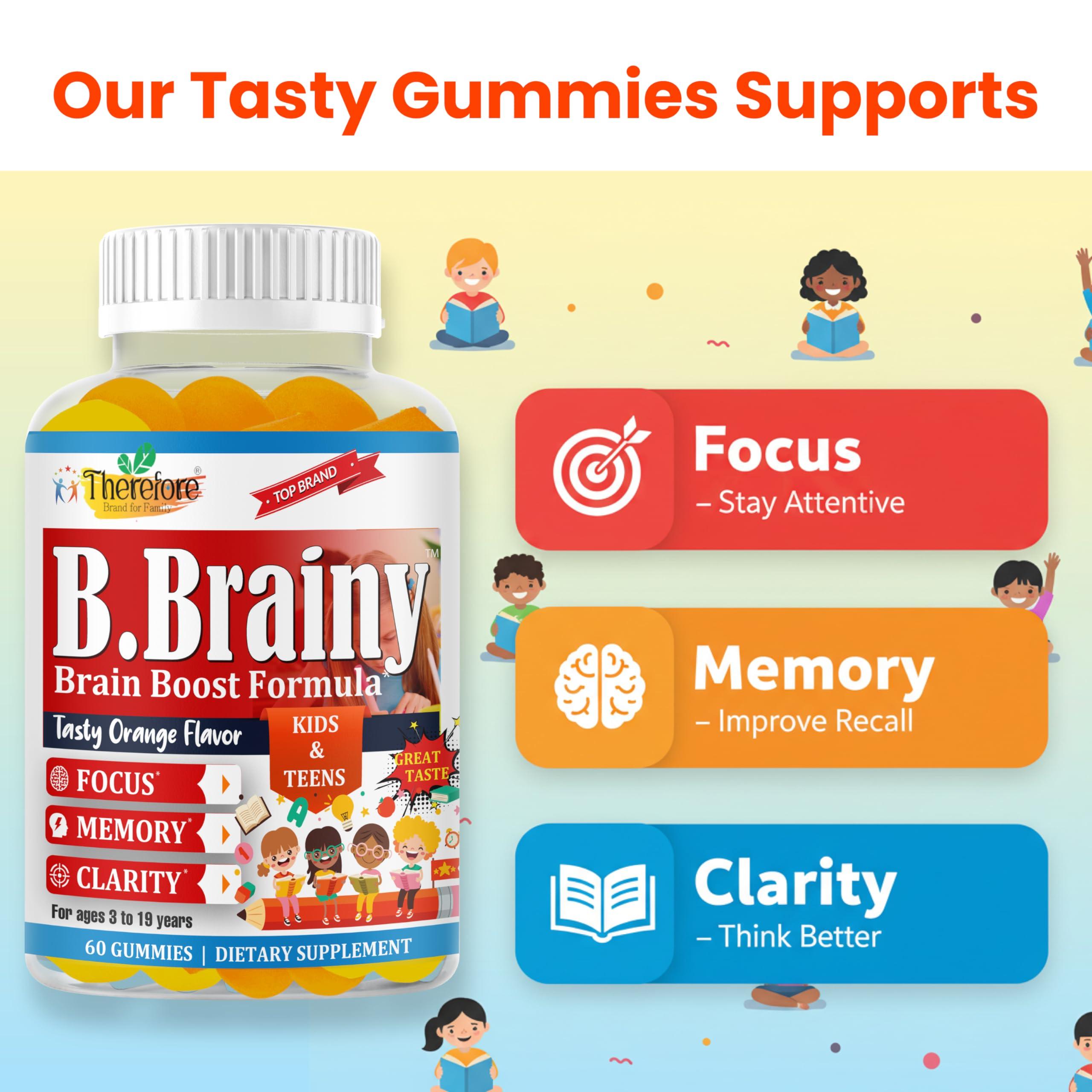 Therefore B.Brainy Brain Focus Gummies for Kids & Teens, Attentive Child Supplement, Brain Focus Vitamins for Kids & Teens, Vegan Omega 3 EPA/DHA, Support Memory, Clarity, Concentration, Low Sugar 60 Gummies