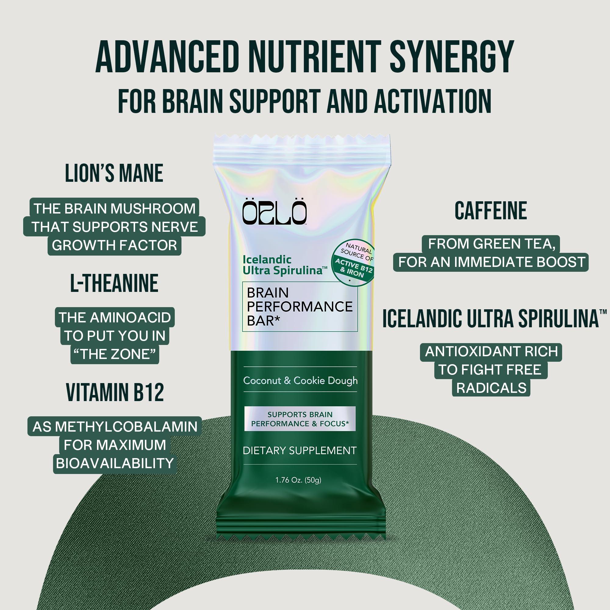 Orlo ORLO BRAIN PERFORMANCE BAR Vegan Protein Bars for Brain & Energy Support Focus & Memory, Pre & Post Workout Recovery Gluten Free Snack with L-Theanine, Lions Mane, Spirulina & More (SINGLE BAR)