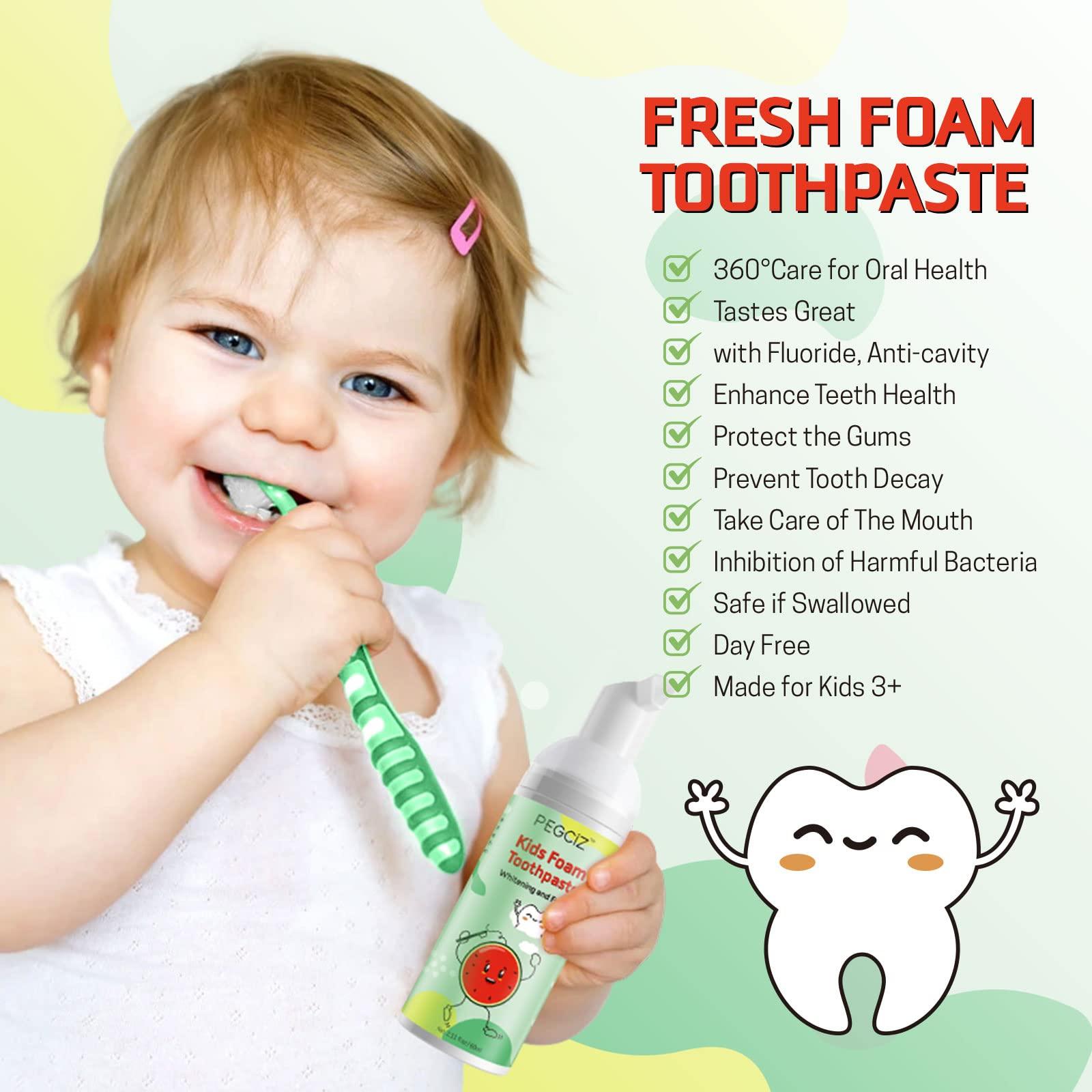Pegciz Foam Toothpaste Kids, Toddler Foam Toothpaste with Low Fluoride for U Shaped Toothbrush, Foaming Toothpaste and Mouthwash for Dental Care for Children Kids Age for 3 and Up (Watermelon+Blueberry)