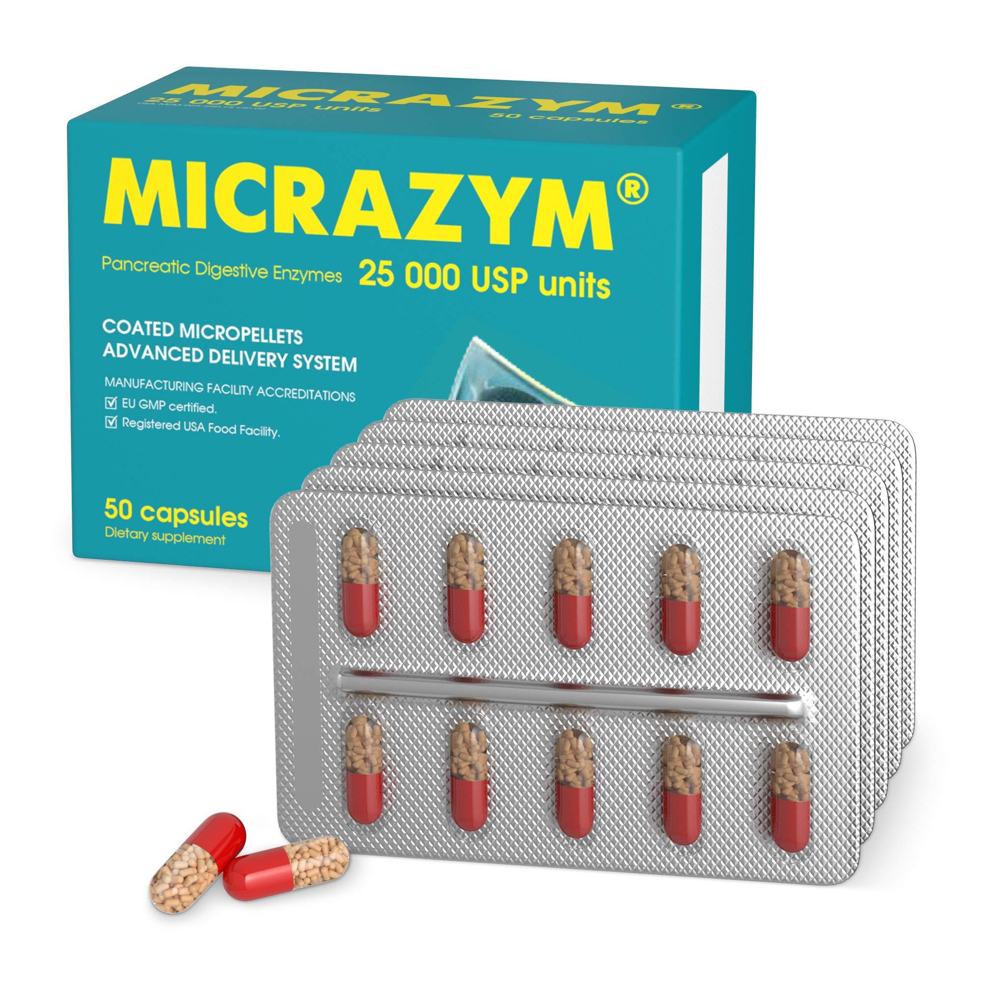 Micrazym Micrazym AVVA Pharm Pancreatic Enzymes - 25,000 USP Effective Pancreatic Enzyme Supplements - Digestive Enzymes for Digestion - 50 Fast-Acting Capsules with Amylase, Lipase and Protease