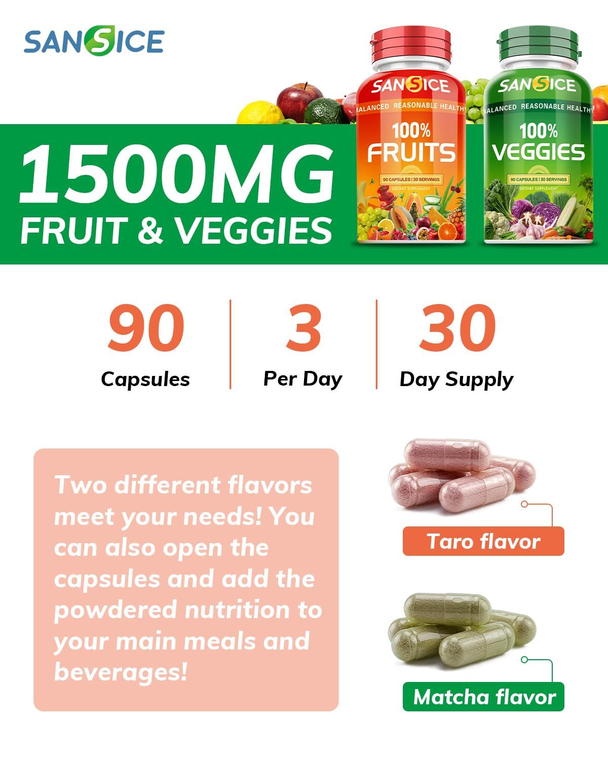 SANSICE SANSICE Fruits and Veggies Supplement, 100% Natural Fruit and Vegetable Vitamins Soy Free & Non-GMO Vegetable and Fruit Supplements for Women Men and Kids - 90 Fruit Capsules, 90 Veggie Capsules