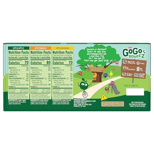 GoGo SqueeZ GoGo squeeZ Applesauce and Fruit Puree Variety Pack, Apple, Mango & Banana, 3.2 oz (Pack of 20), Unsweetened Fruit Snacks for Kids, Gluten Free, Nut Free and Dairy Free, BPA Free Pouches
