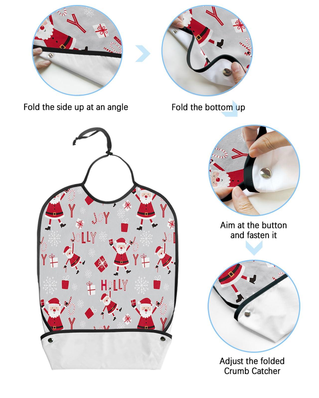 Sabolny Christmas Adult Bib for Eating with Crumb Catcher,Washable & Waterproof Terry Cloth Adjustable Elderly Women Men Adult Bibs Funny Clothing Protector Santa Snowflake Winter Xmas Gift Grey Red White