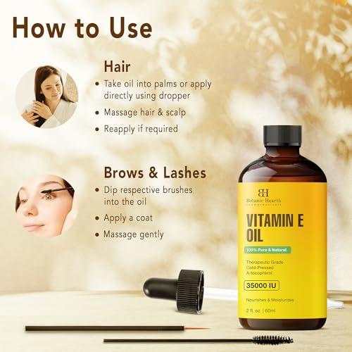 Botanic Hearth Botanic Hearth Vitamin E Oil | 100% Pure and Natural oil for Growth of Nails, Hair, Eyebrows & Eyelashes | 35,000 IU | Hair & Body Oil with Eyebrow & Eyelash Brush| 2 Fl Oz
