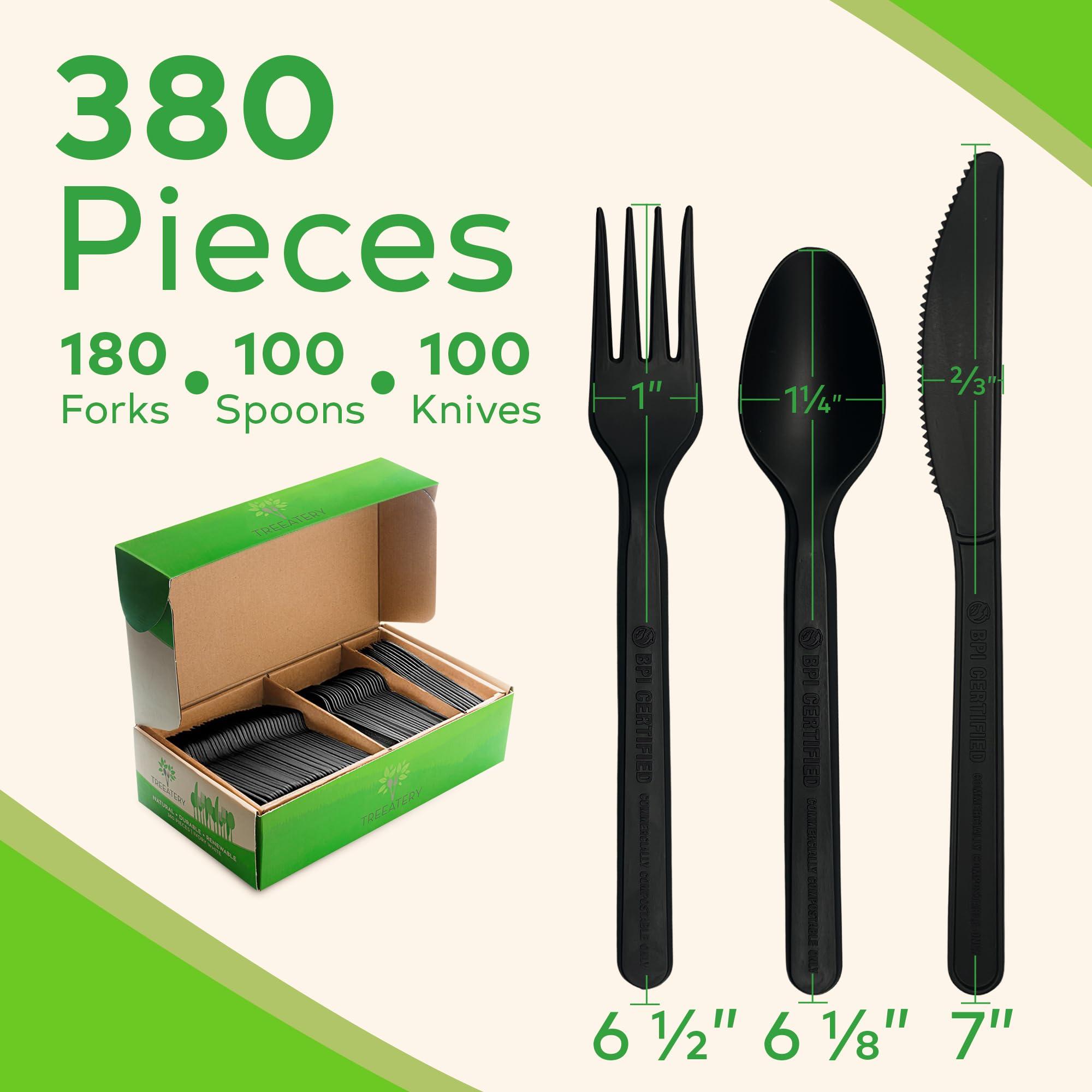 Treeatery Treeatery - Compostable Cutlery Set, Plant-Based Compostable Utensils Disposable, Dishwasher-Safe Compostable Silverware, 380-Piece Disposable Cutlery, Plant a Tree with Every Box, Charcoal Black