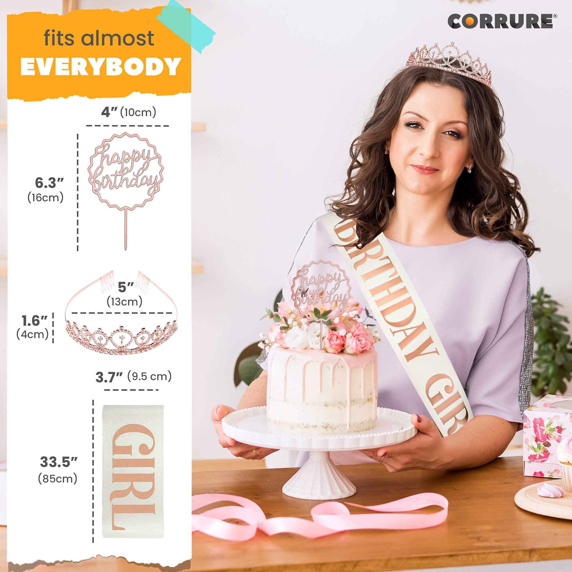 CORRURE CORRURE 'Birthday Girl' Sash, Rhinestone Tiara, and Cake Topper Set - Happy Birthday White Glitter Sash and Crown for Women's Sweet 16, 18th 21st 25th 30th 40th 50th or Any Other Bday Party