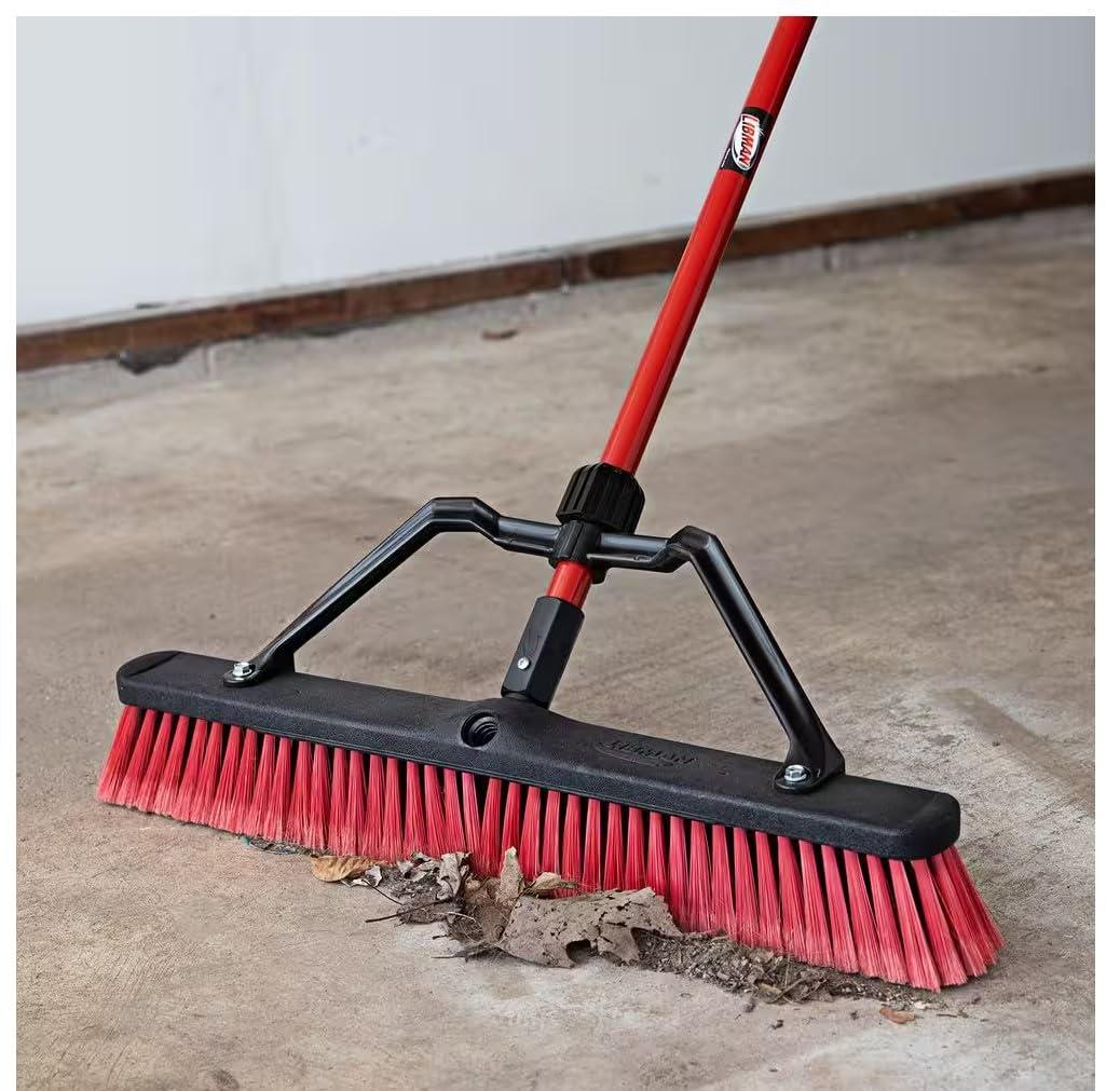 GDUFAMIU Heavy-Duty 24\'\'W Push Broom for Multi-Surface with 60\'\'L Steel Handle, Black and Red