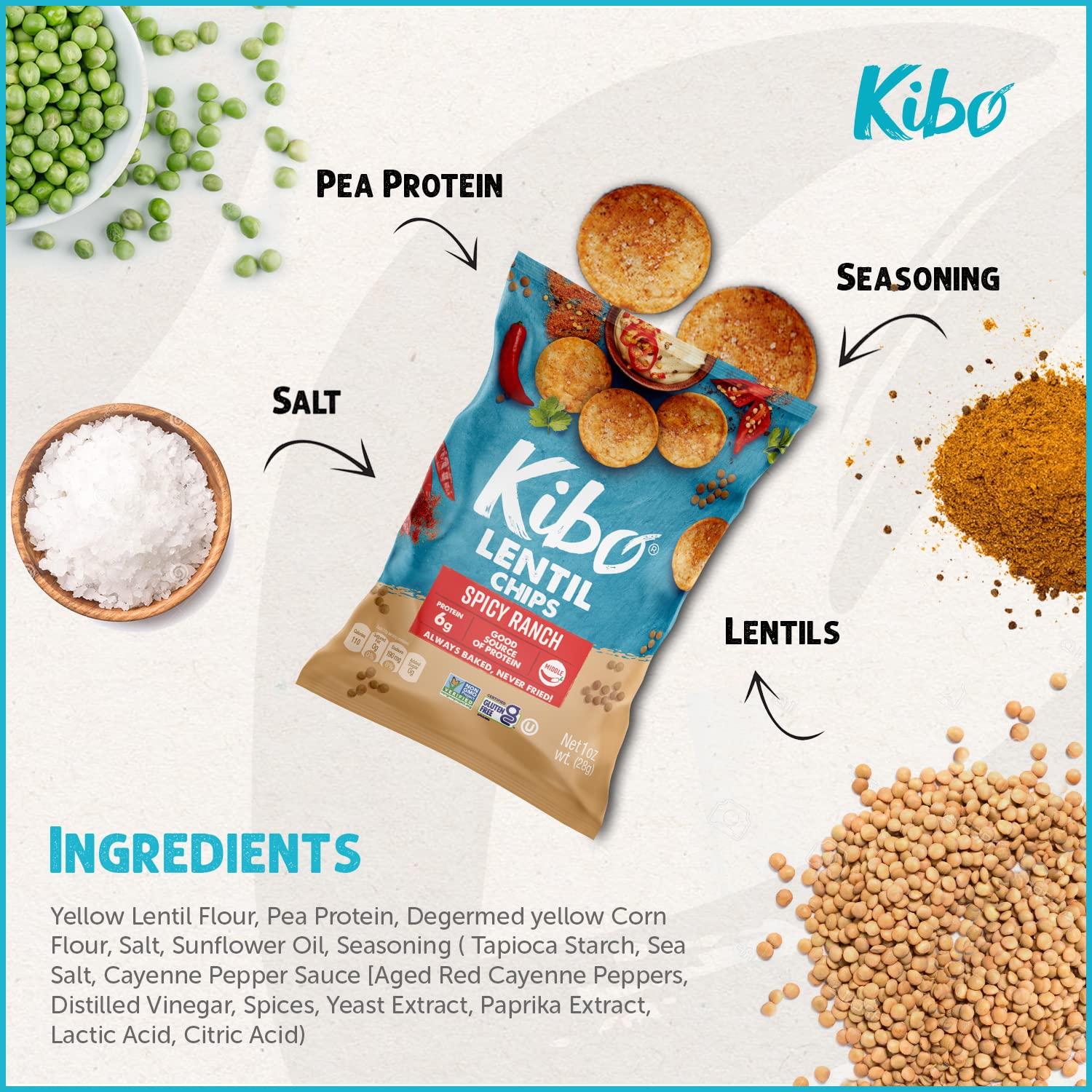 KIBO FOODS Kibo Lentil Chips Spicy Ranch - 6g Protein, Non-GMO, Vegan, Plant-based, Crispy and Non-Fried - Made with Real Veggies - 1 oz (Pack of 12)