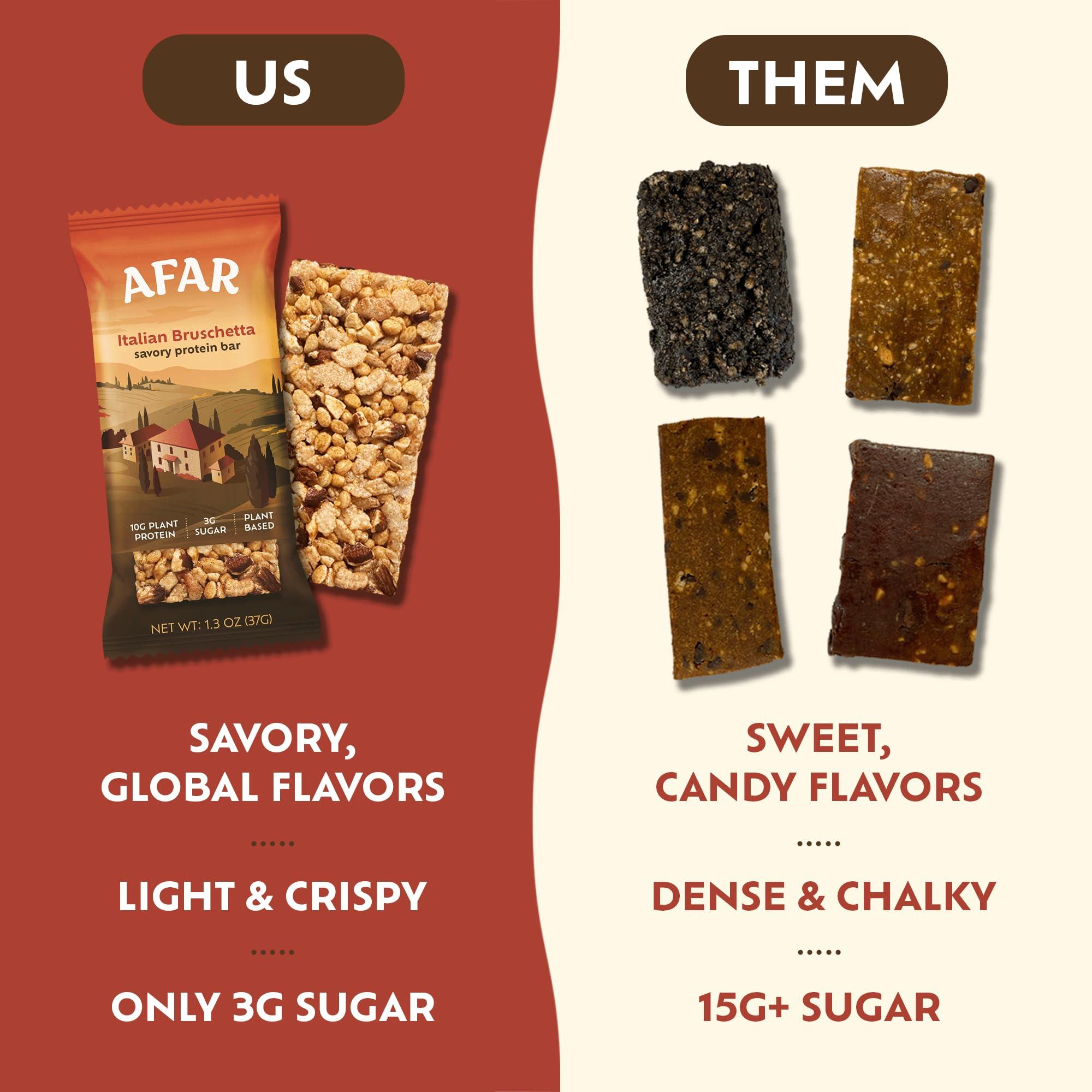 Afar Afar Savory Protein Bars Low Sugar, High Protein Healthy Snack for Adults Meal Replacement Bar Rice Crispy Texture Vegan, Gluten Free 8 Bars (Italian Bruschetta)