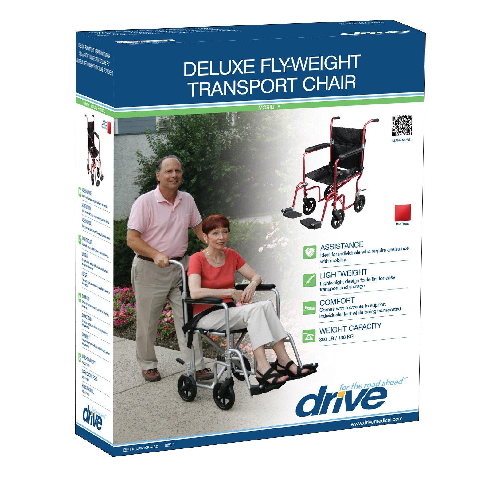 Drive Medical Drive Medical Flyweight Lightweight Transport Wheelchair with Removable Wheels, Red