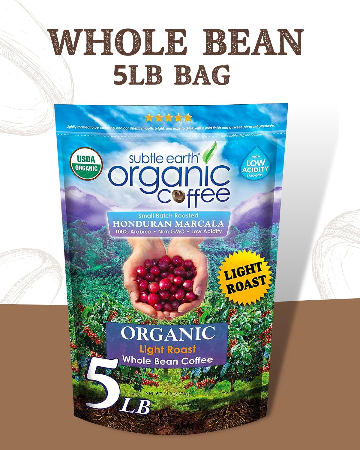 Cafe Don Pablo Subtle Earth Organic Coffee - Light Roast - Whole Bean Coffee - 100% Arabica Beans - Low Acidity and Non-GMO - 5lb bag