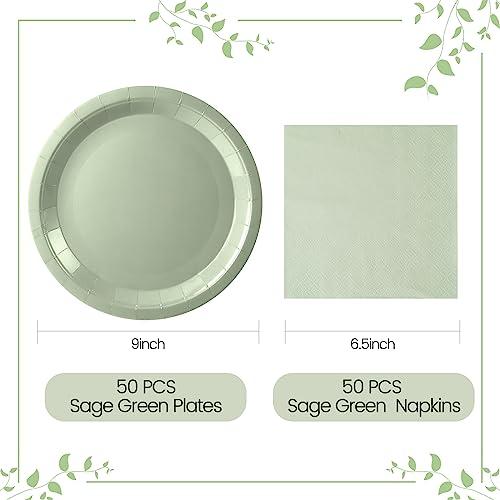 Purhapfre Sage Paper Plates Sage Green Paper Plates and Napkins Party Supplies Sage Green Disposable Plates for Bridal Shower,Baby Shower, Birthday,Serves 50