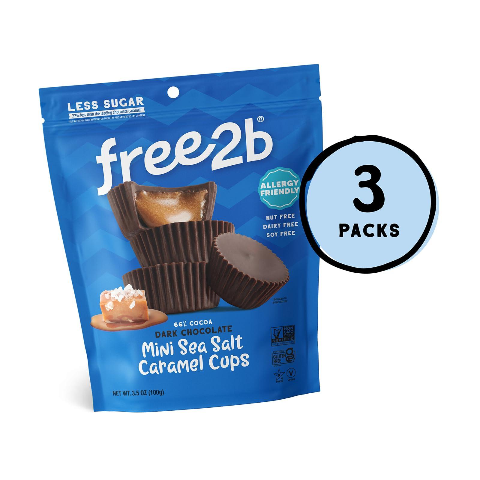 Free 2b Free 2b Sea Salt Caramel Mini Cups, Safe for School and Allergy Friendly - Gluten-Free, Dairy-Free, Nut-Free, and Soy-Free - Dark Chocolate, 3.5 oz Resealable Bag (Pack of 3)