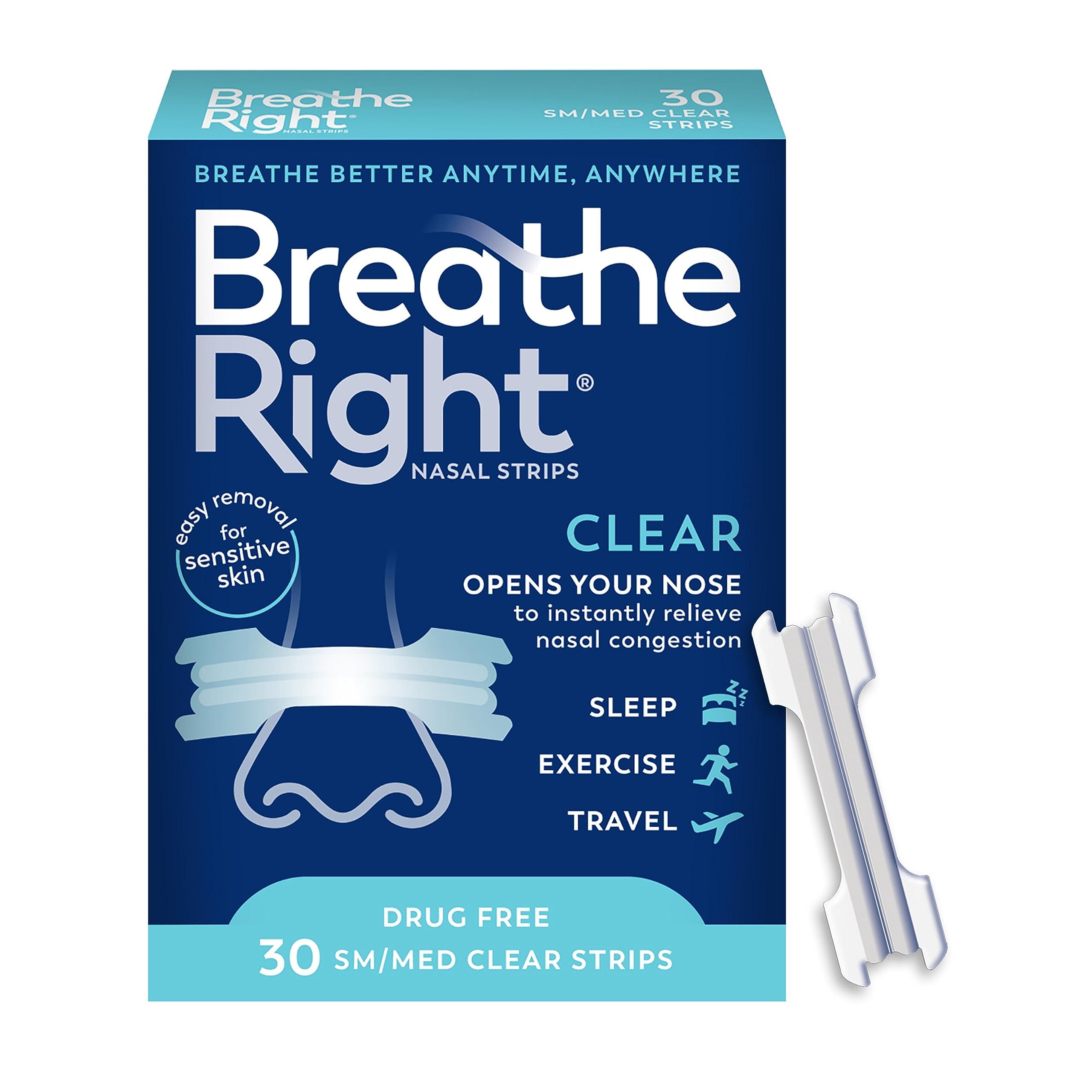 Breathe Right Breathe Right Original Nasal Strips | Clear | Sm/Med | For Sensitive Skin| Drug-Free Snoring Solution & Nasal Congestion Relief Caused by Colds & Allergies | 30 ct (Packaging May Vary)