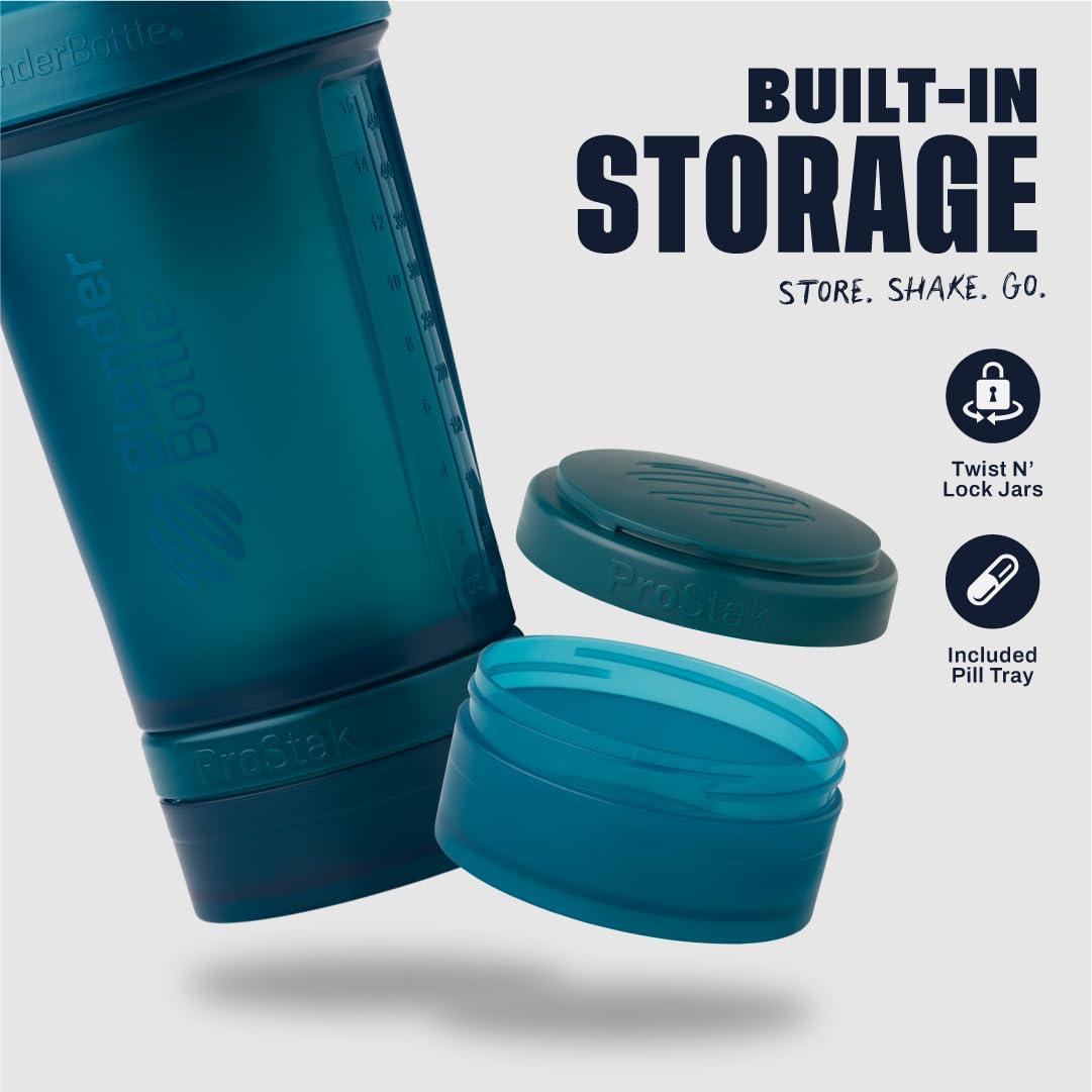 BlenderBottle BlenderBottle Shaker Bottle with Pill Organizer and Storage for Protein Powder, ProStak System, 22-Ounce, Ocean Blue