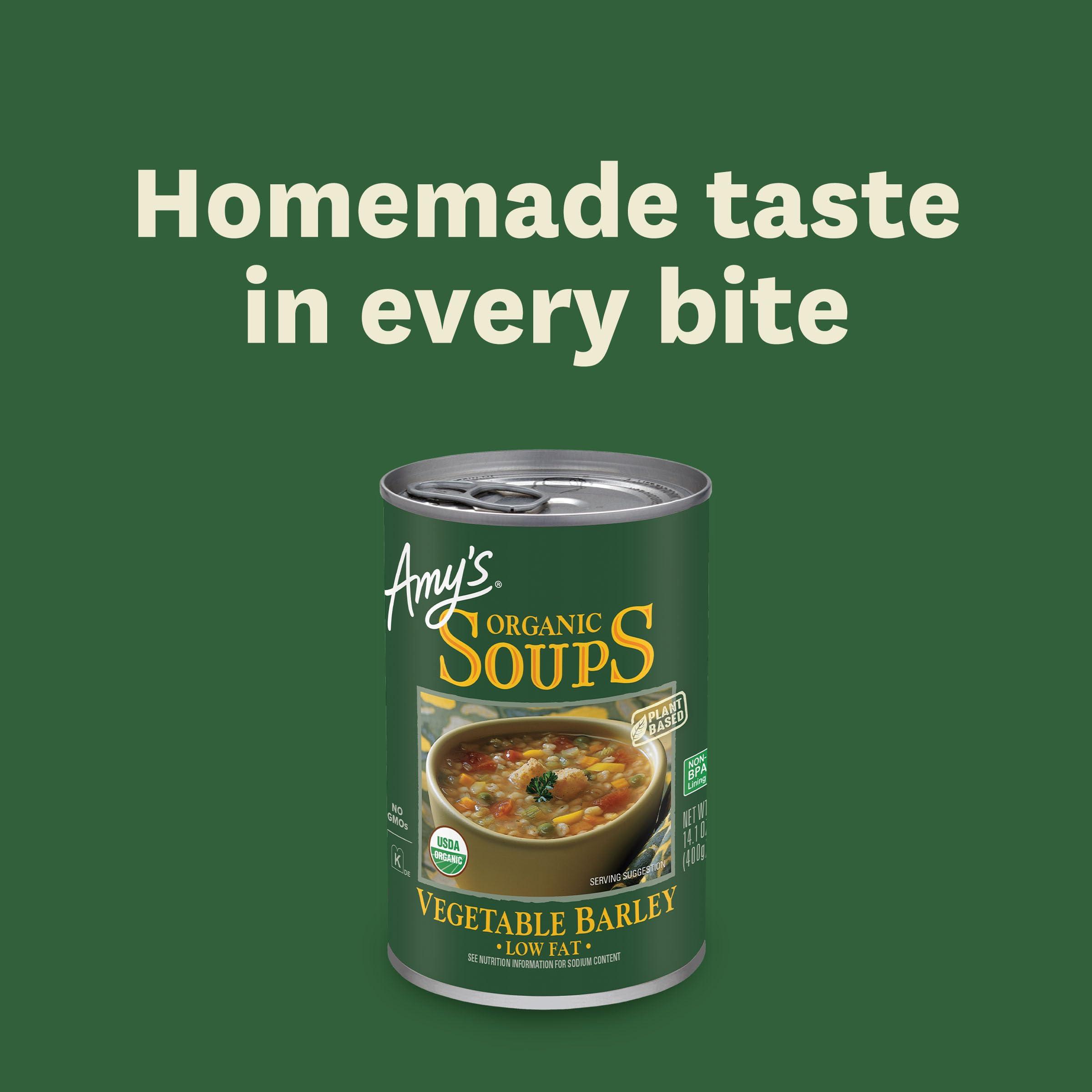 Amy's Amys Soup, Vegan Vegetable Barley Soup, Low Fat, Made With Organic Tomatoes, Carrots and Celery, Canned Soup, 14.1 Oz