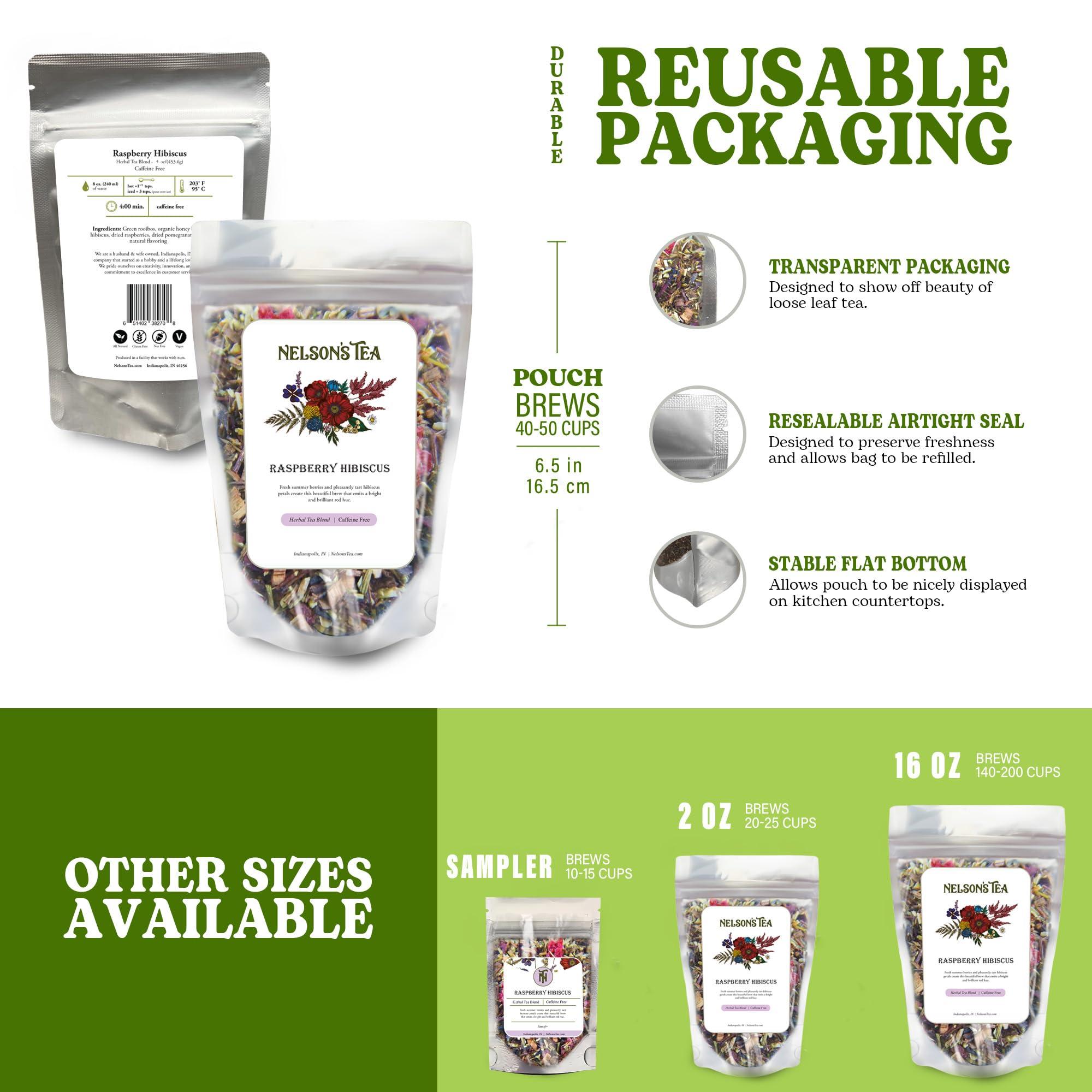Nelson's Tea Nelson\'s Tea Raspberry Hibiscus Tea - Cut & Sifted Green Rooibos Tea, Honeybush, Dried Raspberries, Acai, and Pomegranate Loose Leaf Tea (4 oz)
