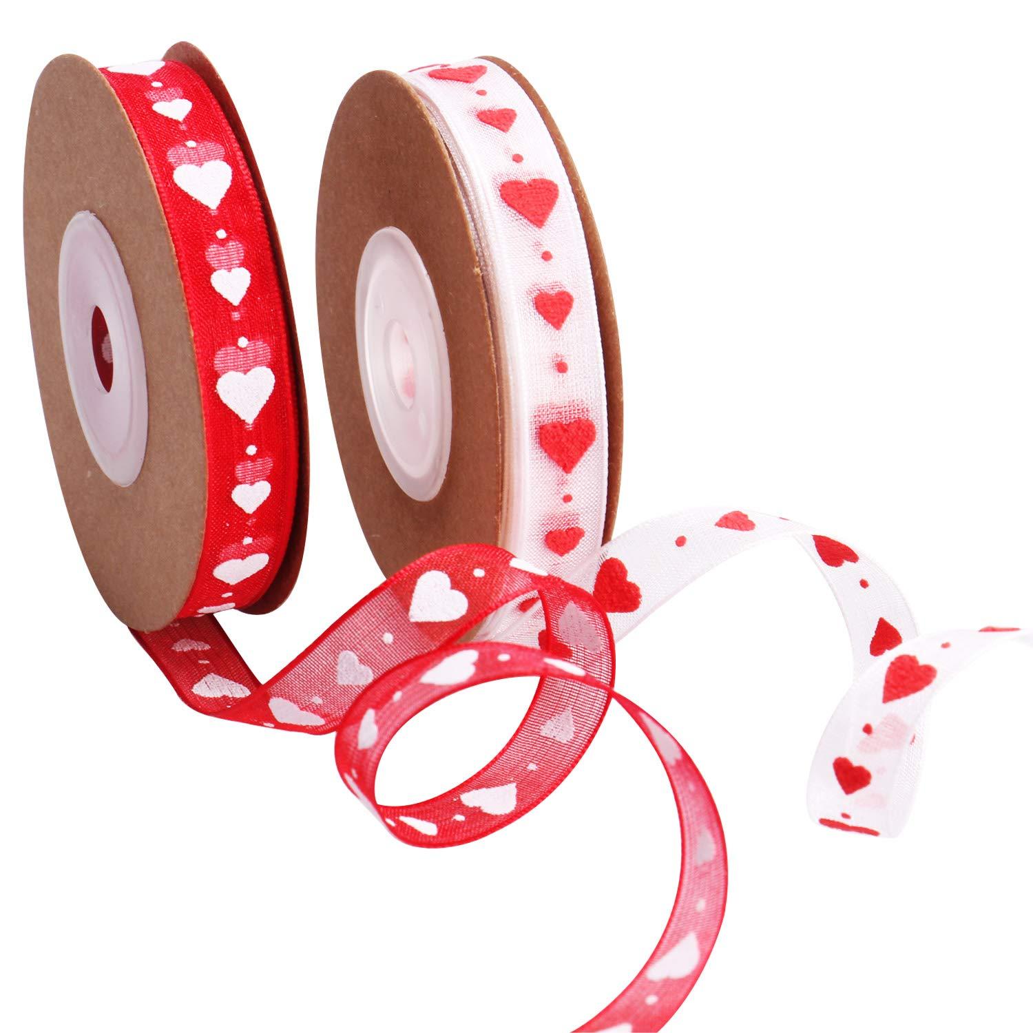 Mayam Mayam Valentine\'s Day Ribbons Heart Ribbons Craft Ribbons for ValentineWedding Craft, 2 Rolls (red and White)