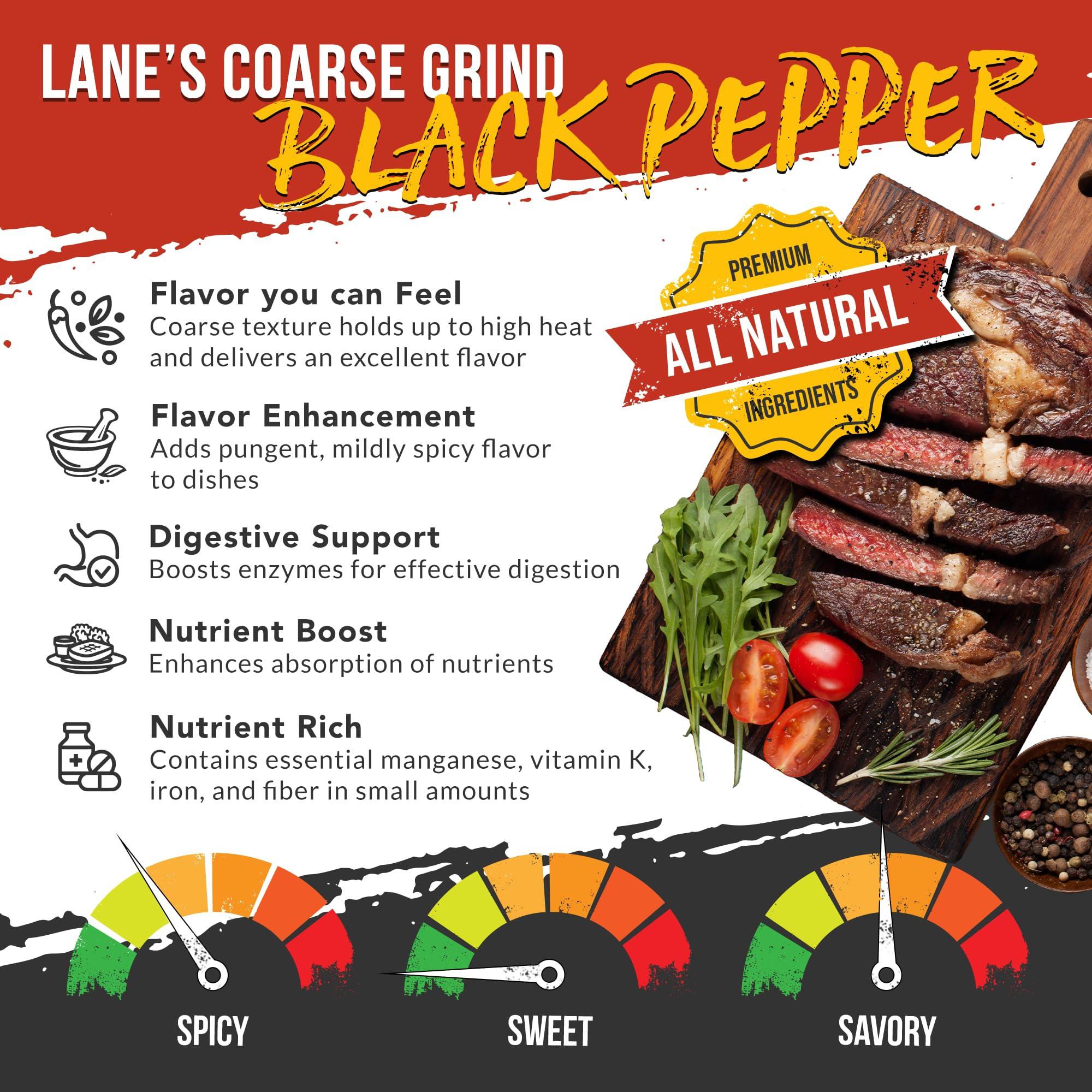 Lane's Lane\'s 16 Mesh Ground Pepper Seasoning, All-Natural Coarse Black Pepper Ground Spice, No Preservatives Coarse Ground Black Pepper, Made in USA, 8 Oz