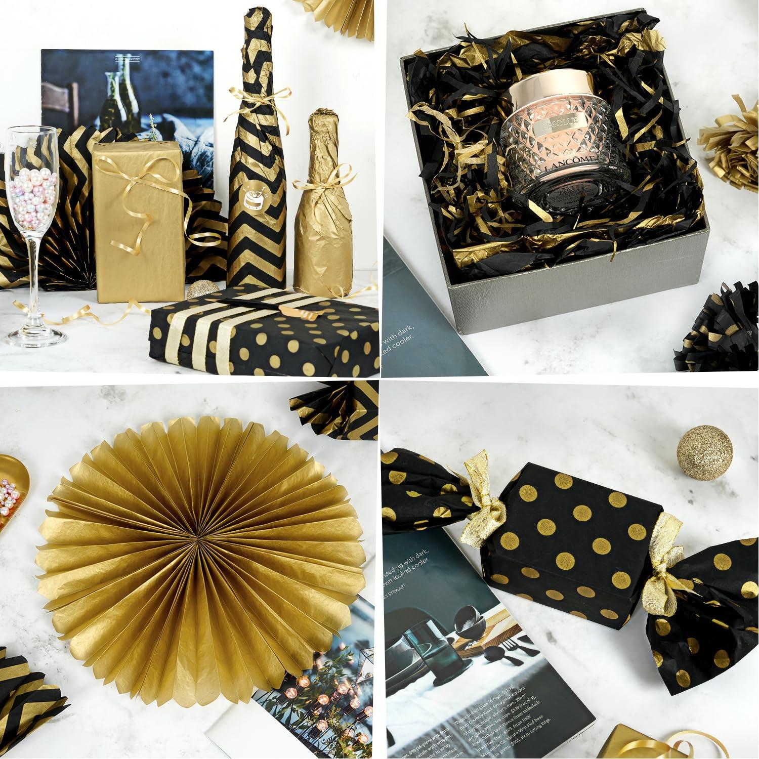 MAMUNU MAMUNU 100 Sheets Black and Gold Tissue Paper Bulk, Metallic Gift Wrapping Tissue Paper for Gift Bags Wrapping and Packaging, Black Gold Gift Wrap for Birthday Graduation Christmas, 14X20Inch