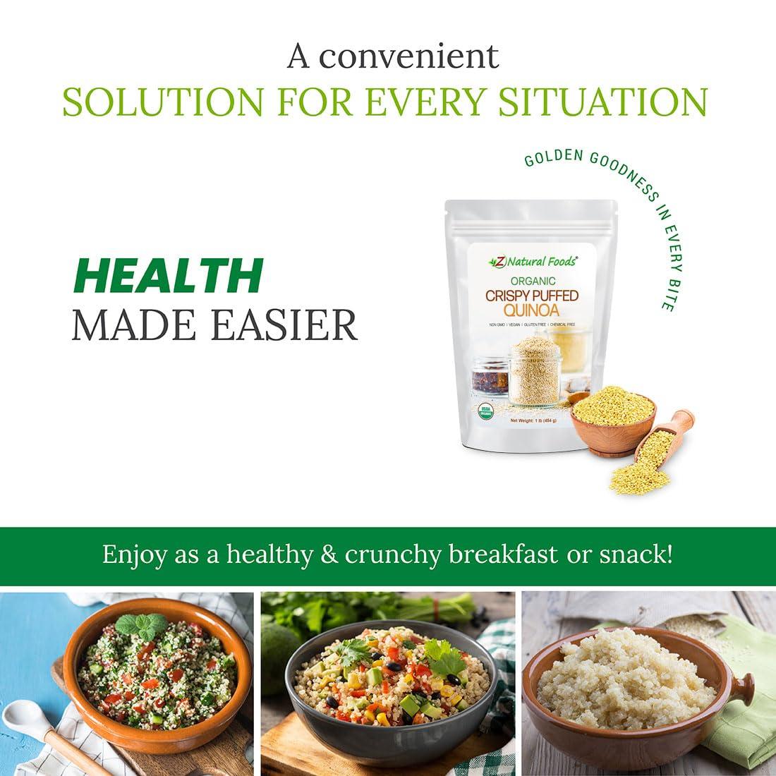 Z Natural Foods Z Natural Foods Organic Crispy Puffed Quinoa - Real Crisped Quinoa Vegan Superfood - Healthy Quinoa Crisps Snacks for Adults & Kids - Crispy Quinoa Puffs for Baking, Snacks, Yogurts, Gluten-Free, 1 lb