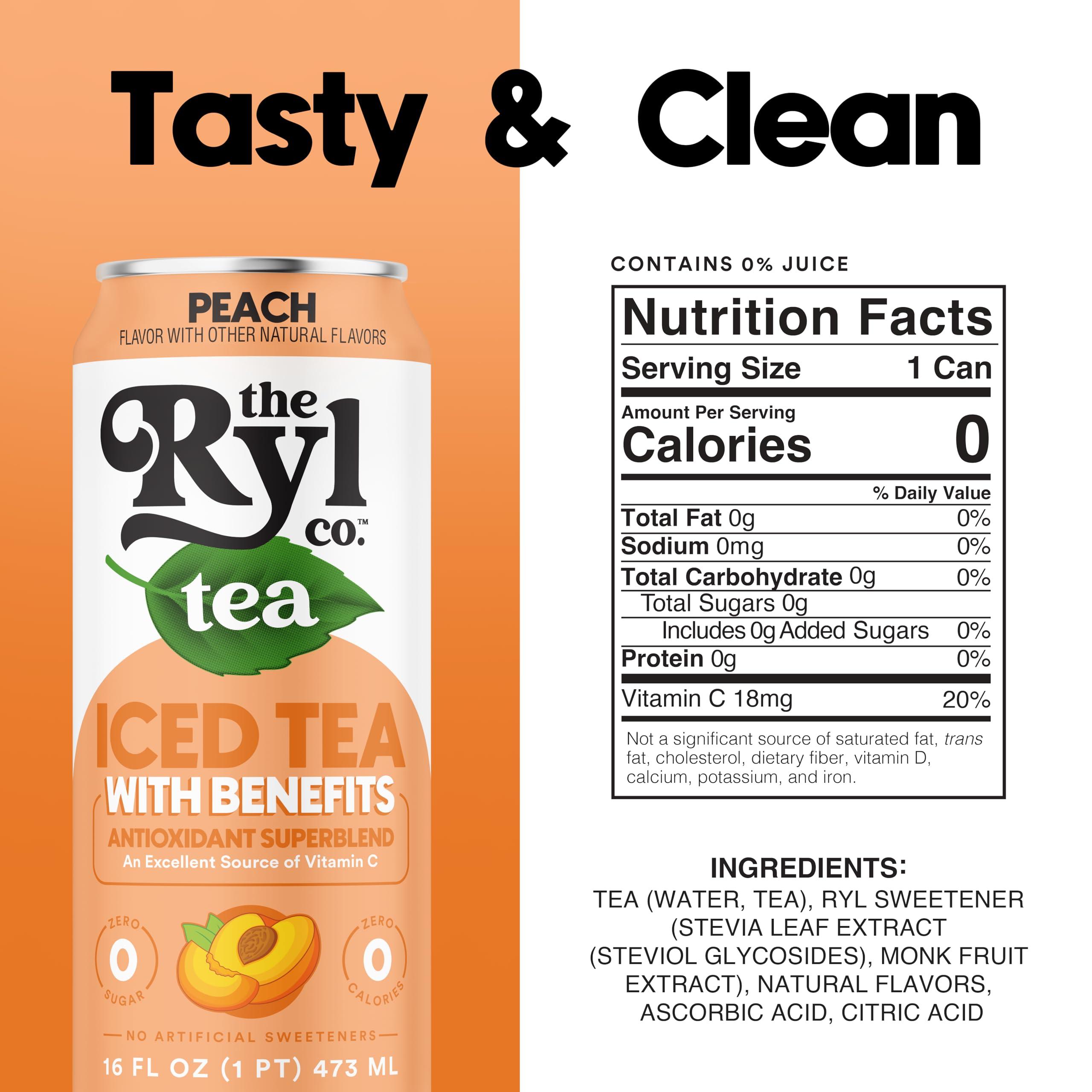 The Ryl Co Ryl Iced Tea, Peach, Antioxidant Superblend, Zero Sugar, Low Carb, Zero Calorie Iced Tea, 16.0 Fl Oz (12-Pack)