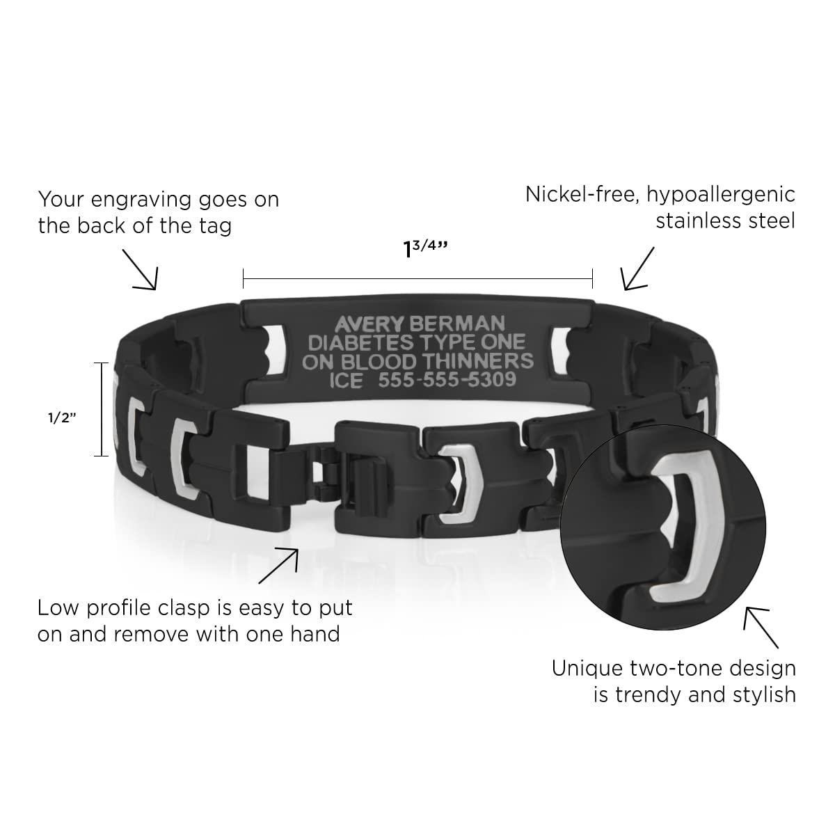 Lauren\'s Hope Lauren\'s Hope Durable Steel Medical Alert ID Bracelet for Men and Women, Custom Engraved, Diabetes, Pacemaker, Heart Disease, Medical ID (7 inches, Black and Silver)