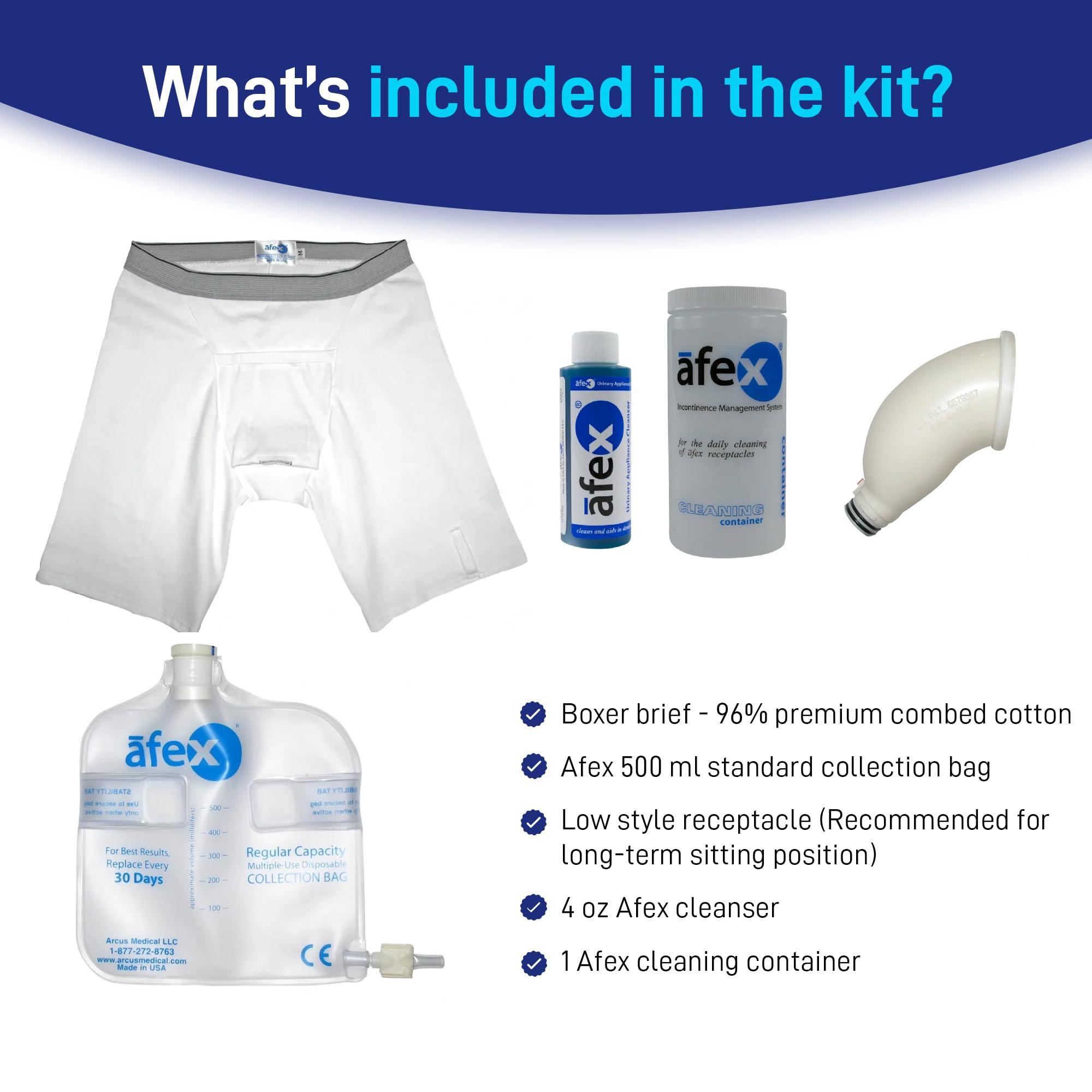 Arcus Medical Afex Male Incontinence Management System - Incontinence Underwear with Low Receptacle Design for Long-Term Sitting - Includes Boxer Briefs, 500 ml Collection Bag, Cleanser & Cleaning Container - L