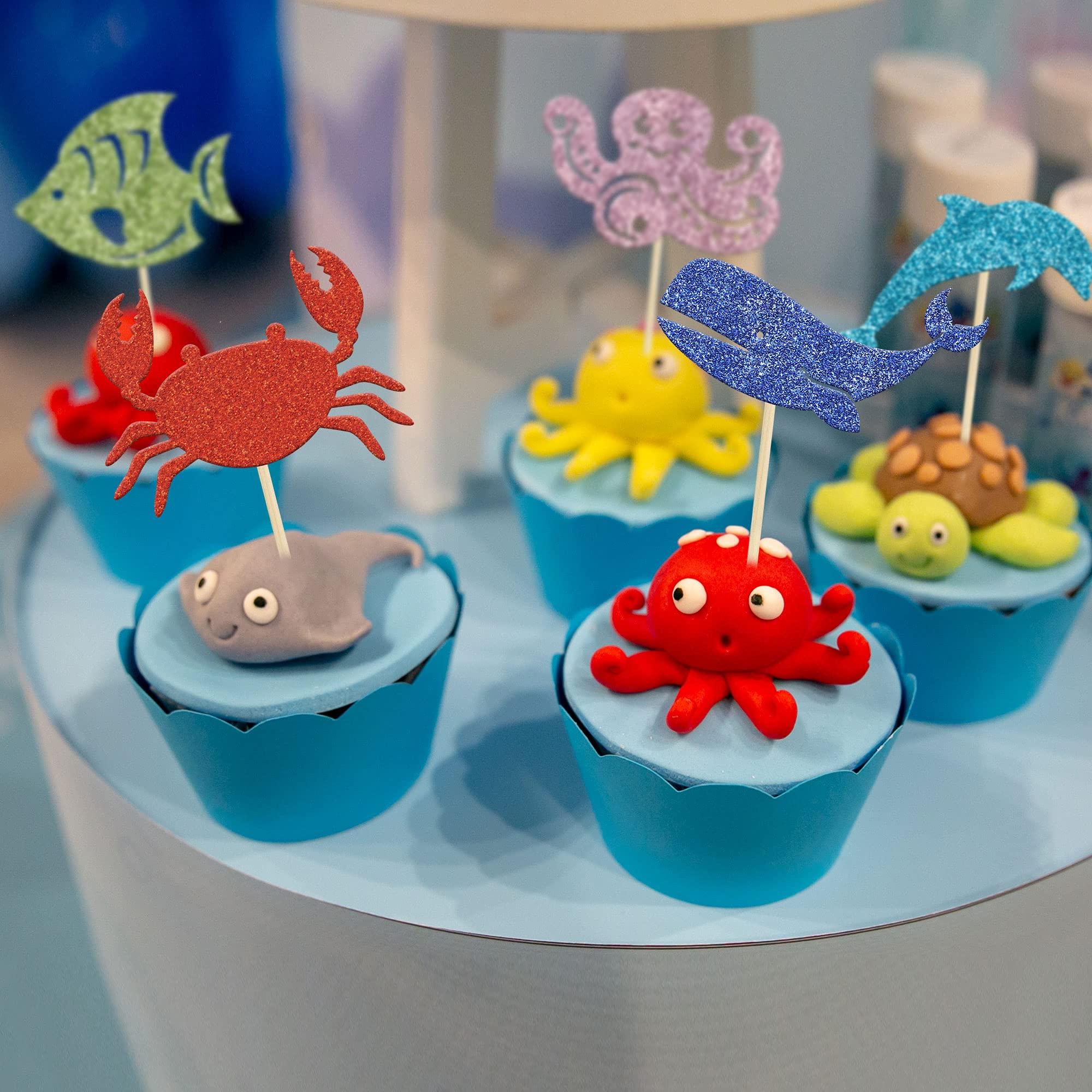 Gyufise Gyufise 30 Pack Ocean Sea Animals Cupcake Toppers Dolphin Crab whale Octopus Fish Cupcake Picks Baby Shower Under the Sea Animals Theme Birthday Party Cake Decorations Supplies