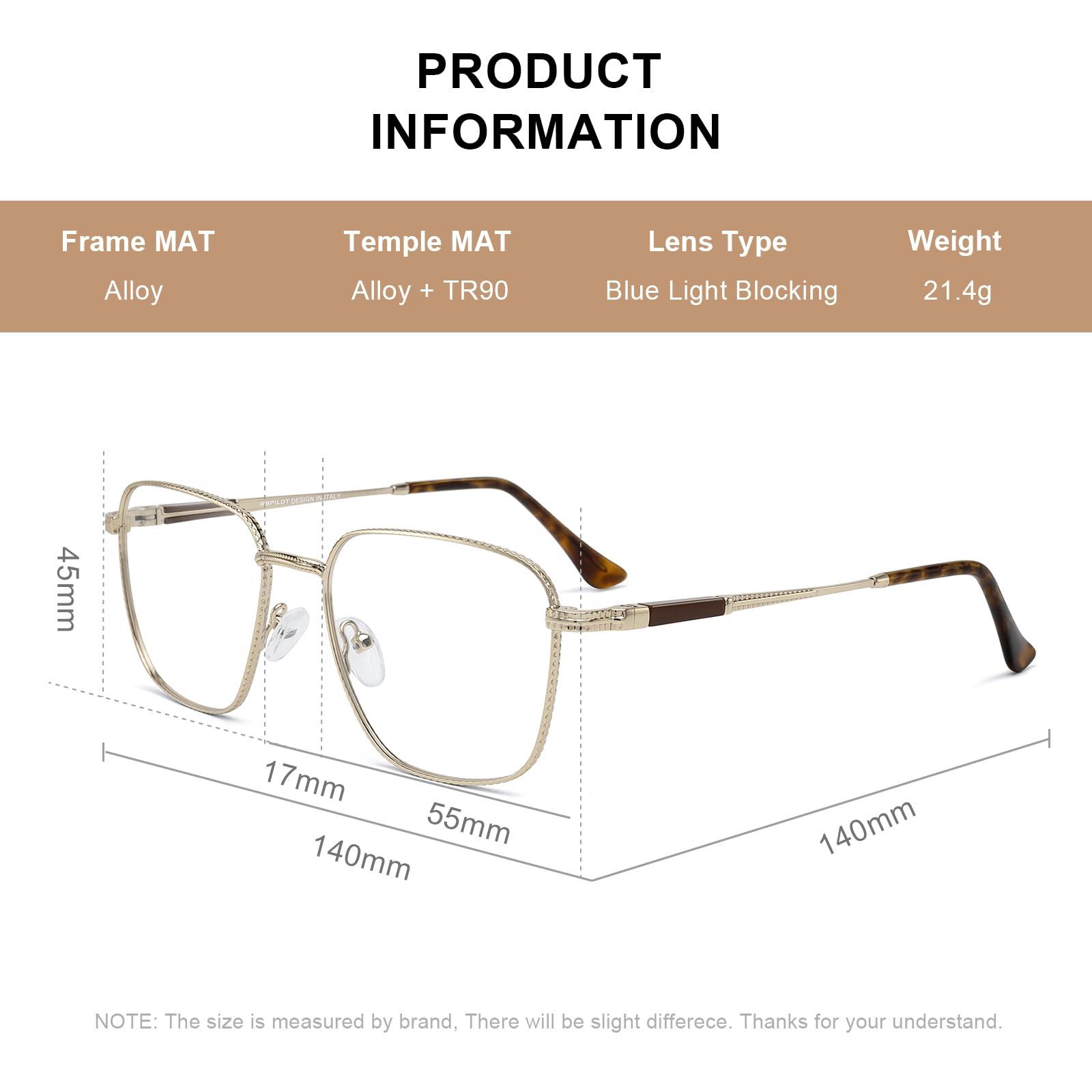 RB.Pilot RB.Pilot Classic Square Reading Glasses for Men Women Light Blocking Computer Readers Spring Hinge Metal Frame Acetate Legs