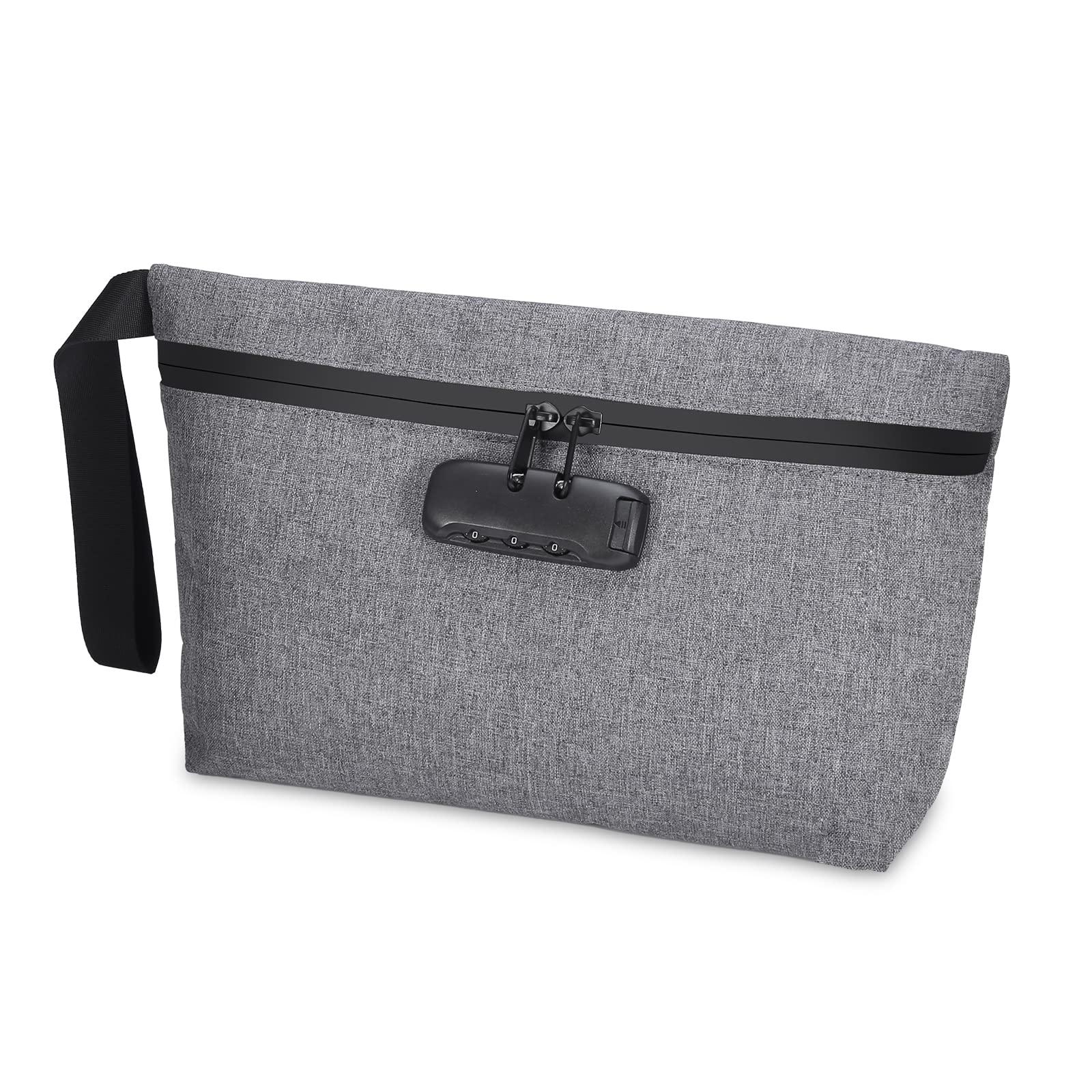 KeeKit KeeKit Money Bag with Combination Lock, 13 x 8 Inches Waterproof Men & Women\'s Locking Accessories Pouch for Cash, Portable Carry Handle Bag for Travel, Bank Deposits, Credit Cards Grey
