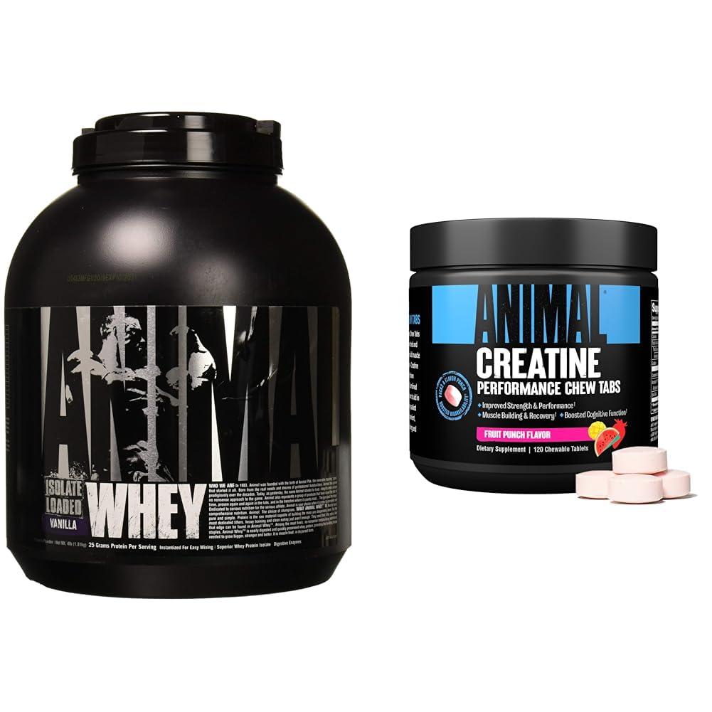 Animal Animal Whey Isolate Whey Protein Powder Isolate Loaded for Post Workout and Recovery & Creatine Chews Tablets - Enhanced Creatine Monohydrate with AstraGin to Improve Absorption