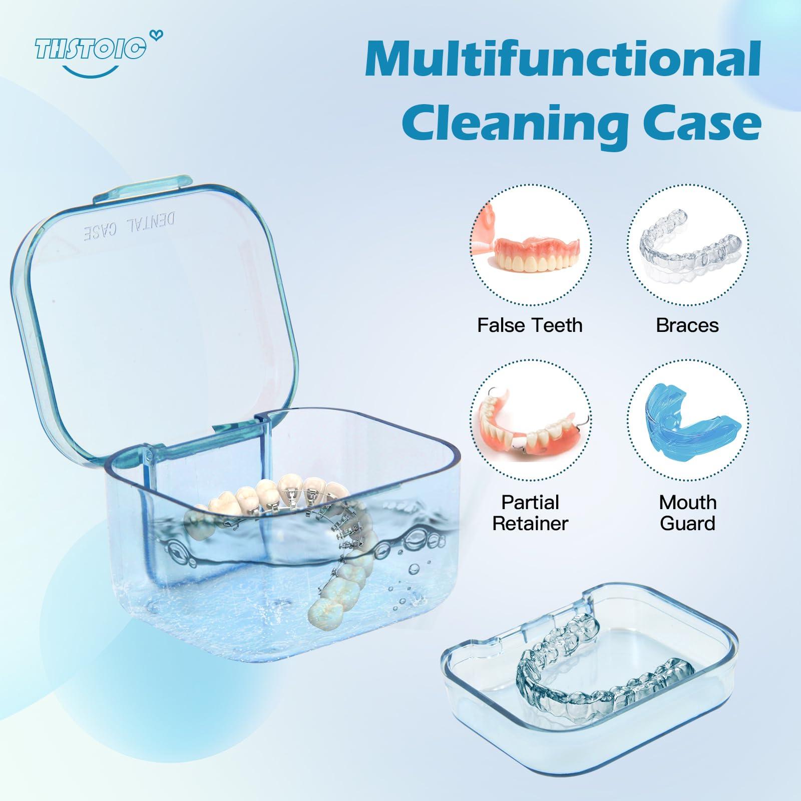 THSTOIC THSTOIC Denture Case & Cup - False Teeth Bath Holder, Travel Denture Cleaning Container for Soaking, Retainer, Partial, Mouth Guards (BLUE)