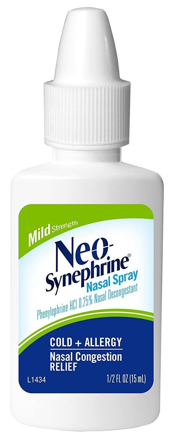 NEO-SYNEPHRINE NEO-SYNEPHRINE Mild Strength Nasal Spray, Phenylephrine HCl 0.25%, Nasal Decongestant, Fast Relief for Cold & Allergy Congestion, Non-Drowsy, Safe for Kids Ages 6+, 1/2 fl oz (Pack of 5)