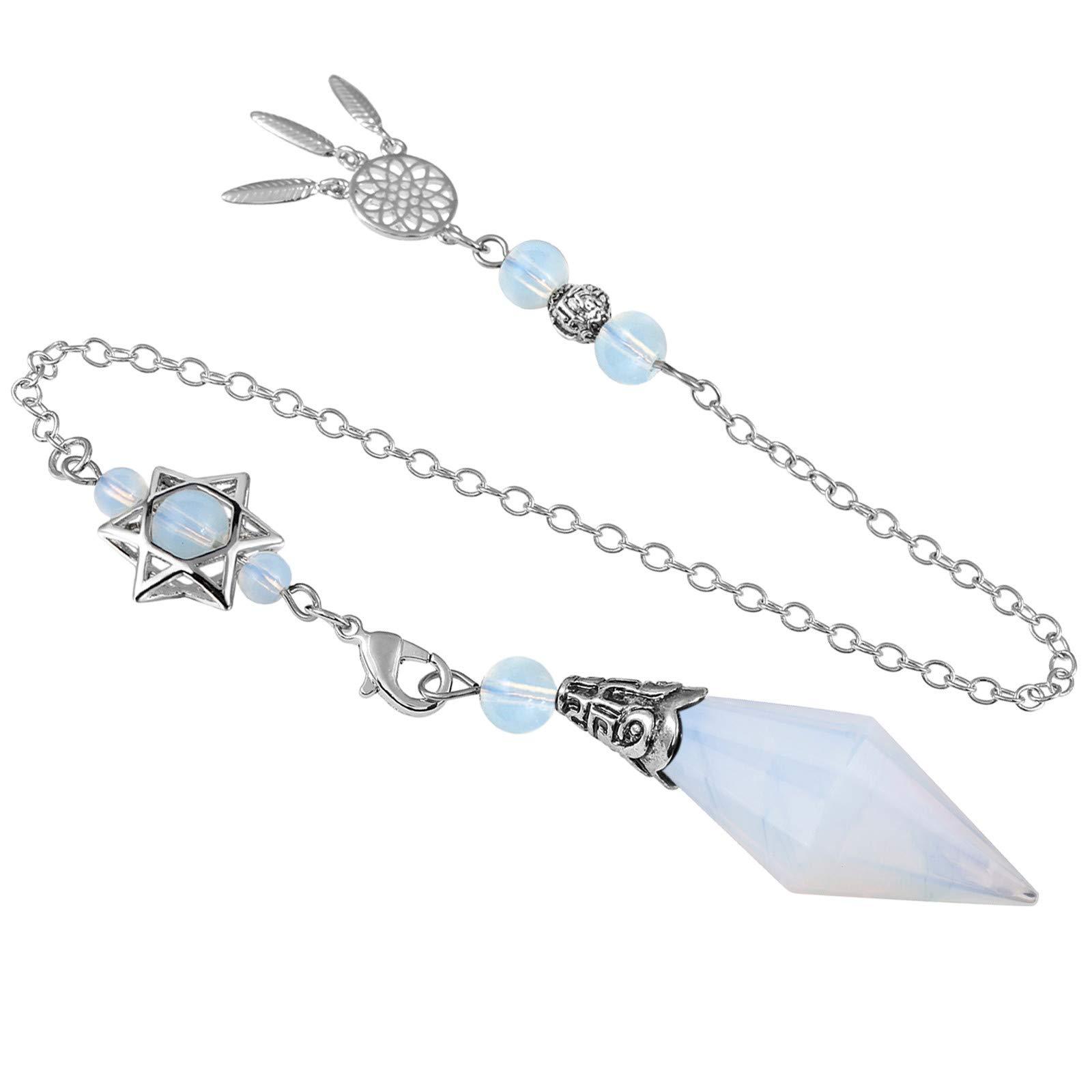 SUNYIK SUNYIK Faceted Healing Crystal Point Pendulum for Divination Pointed Quartz Stone Pendant with Merkaba Star and Dream Catcher, Opalite