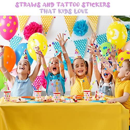 DLSMDOUS 24 Reusable Drinking Plastic Straws + 6 Temporary Tattoos or 6 Silicone bracelets for Girls and Boys Birthday Party Decorations with Unicorn,Mermaid,or Dinosoaur,plus 1 Cleaning Brush